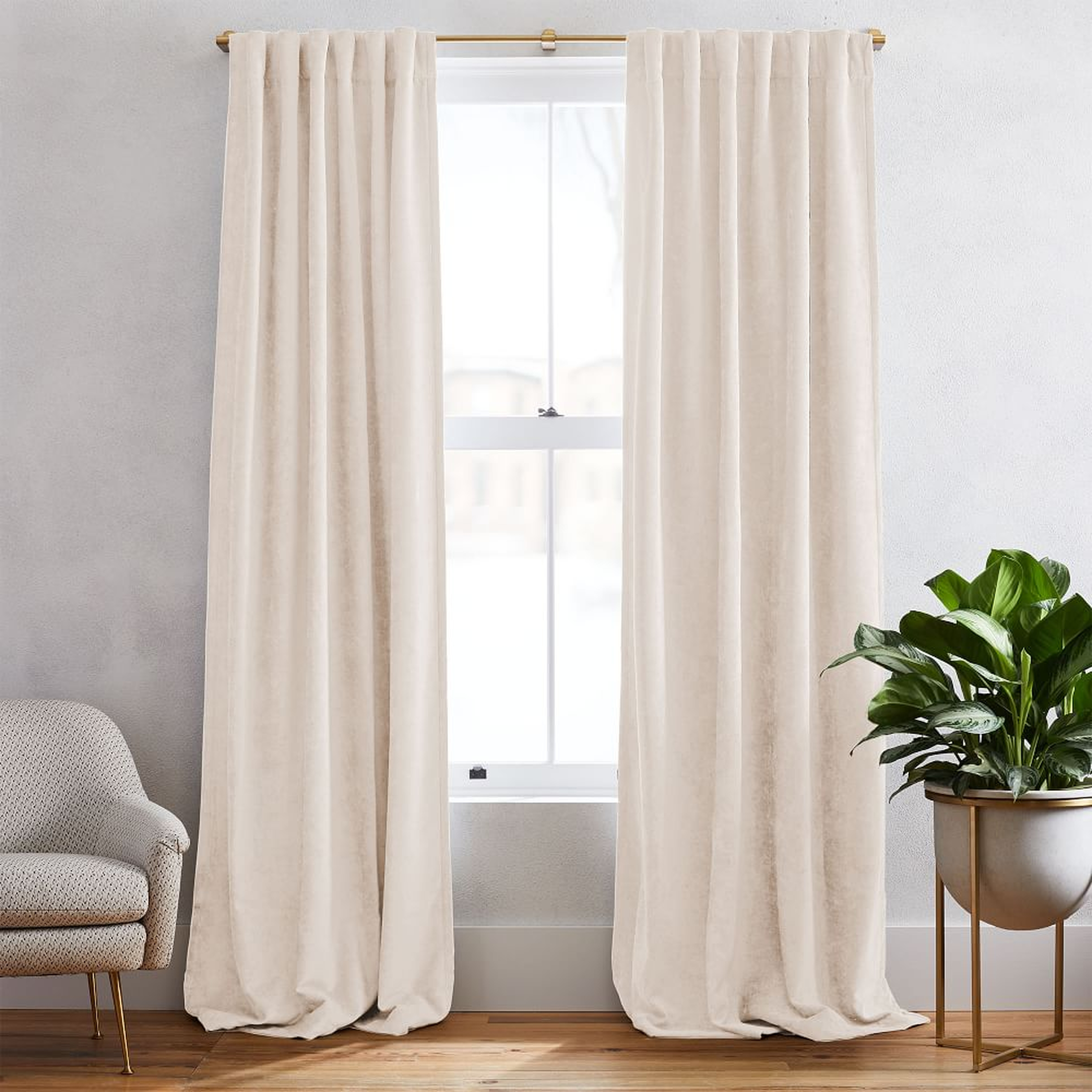 Worn Velvet Curtain with Cotton Lining, Alabaster, 48"x108" , individual - West Elm