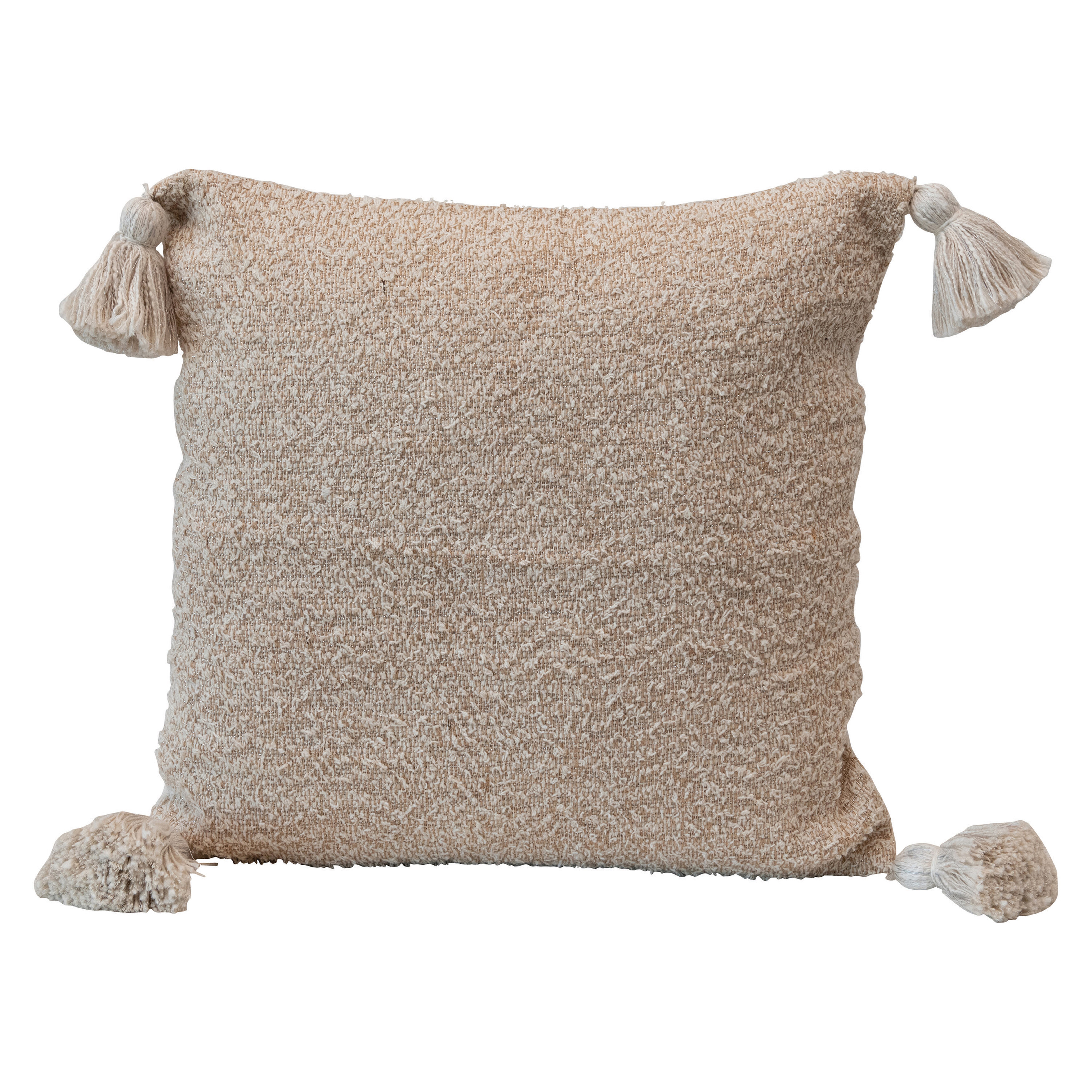 Woven Cotton Blend Lumbar Pillow with Metallic Thread & Tassels, Cream & Tan, 20" x 20" - Nomad Home