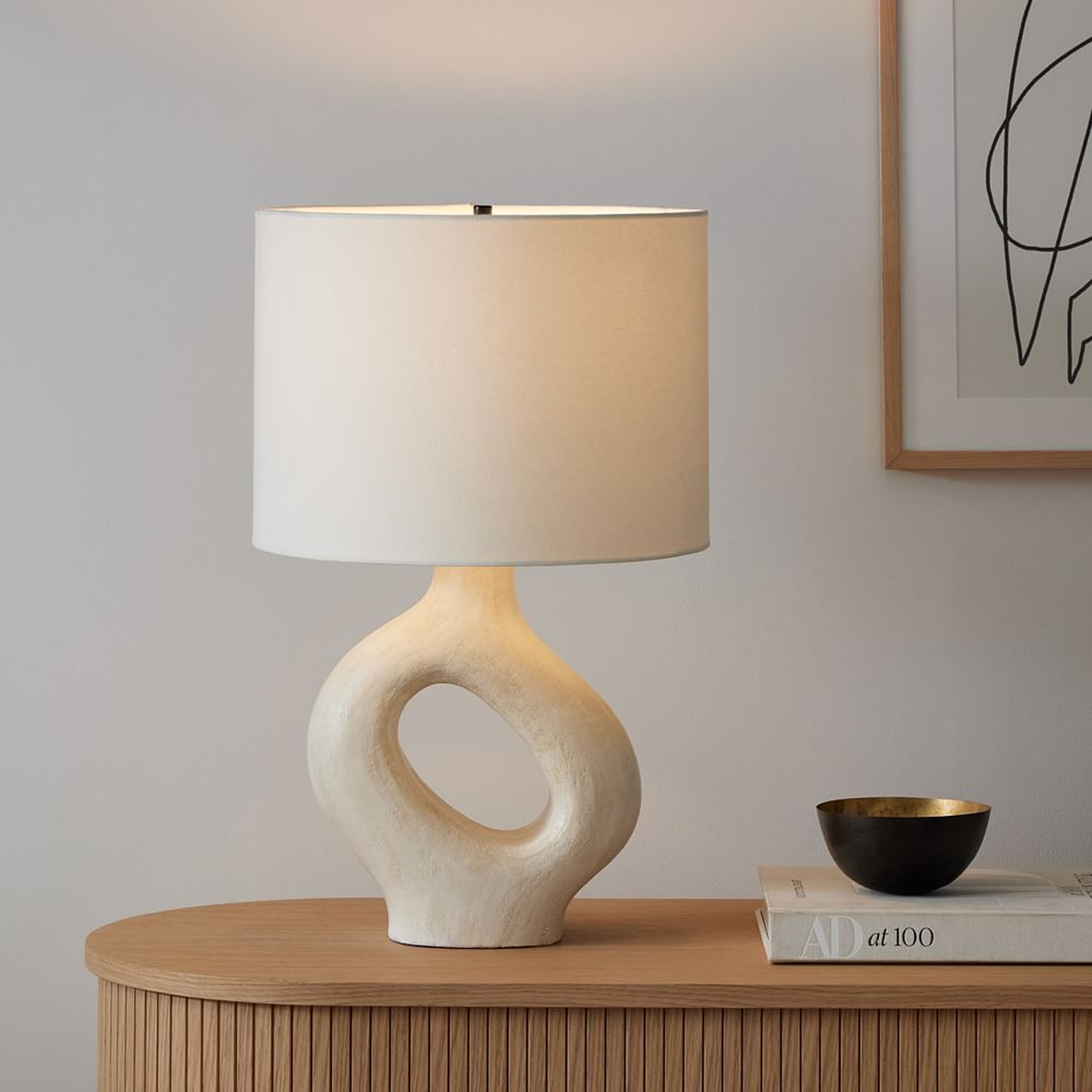 Chamber Ceramic Table Lamp, 24.5", White/White Linen - West Elm