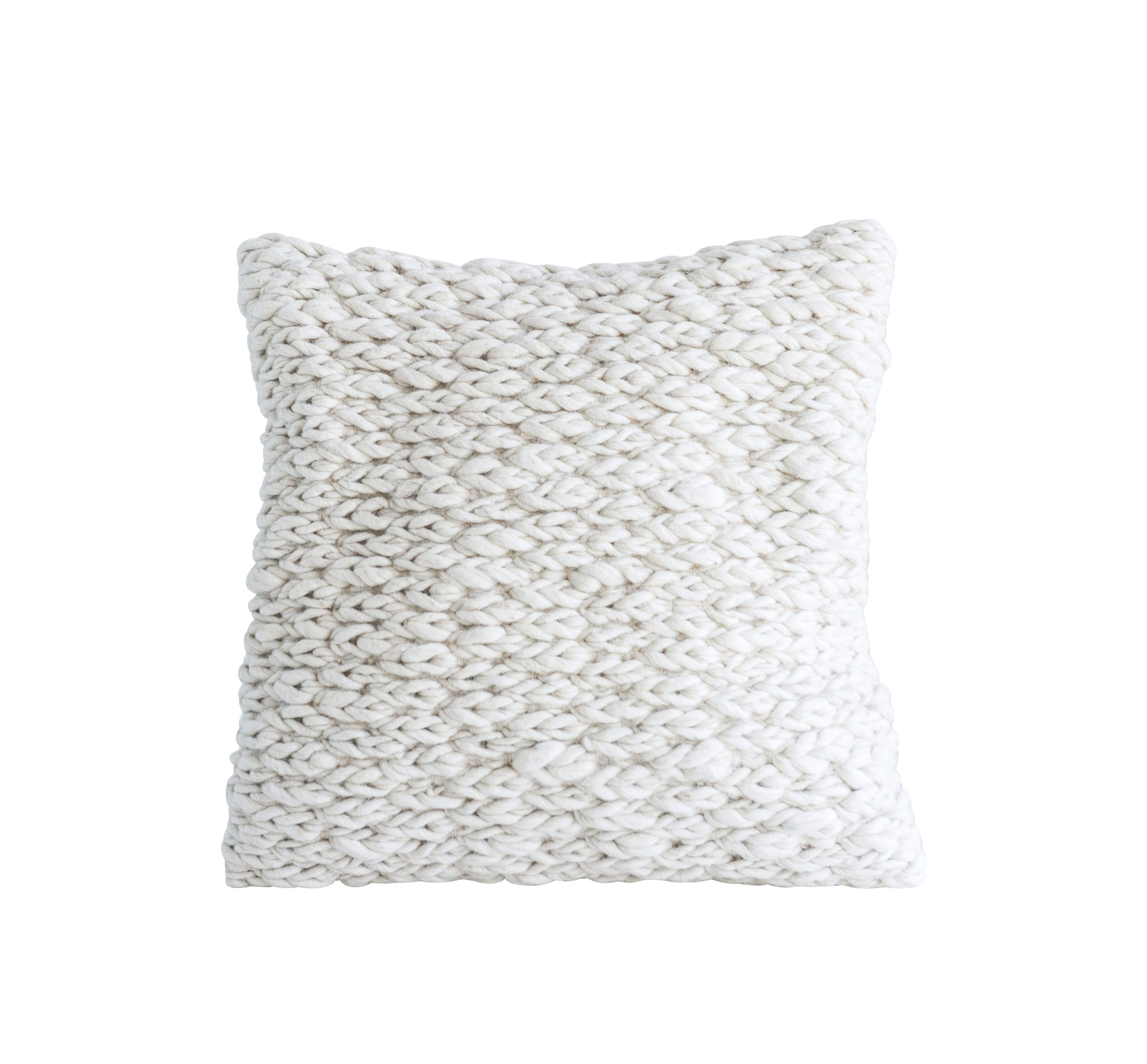 Square Off-White Wool Pillow with Thick Cable Knit Design - Moss & Wilder