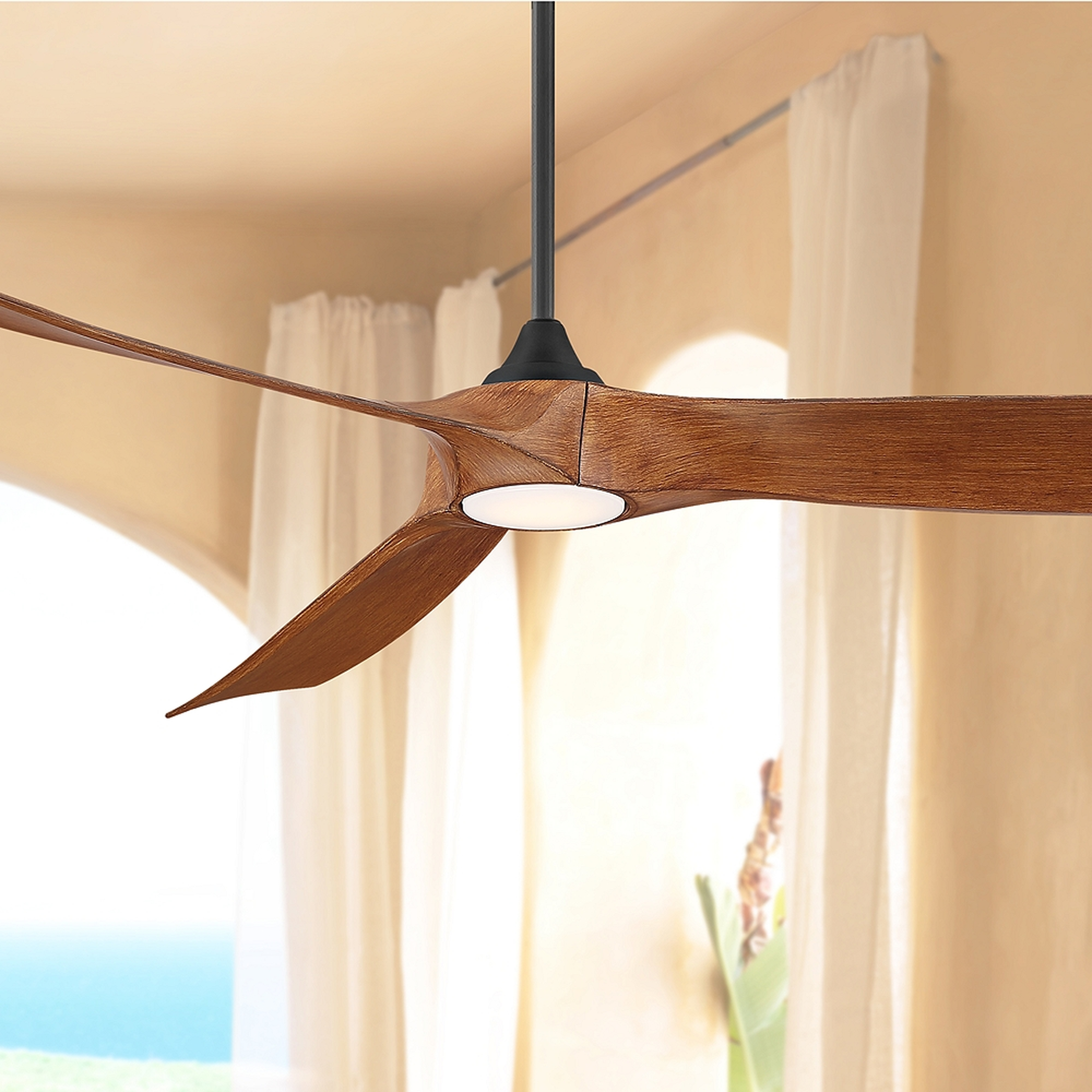 70" Kona Wind Black and Koa Damp Rated LED DC Ceiling Fan - Style # 79D81 - Lamps Plus