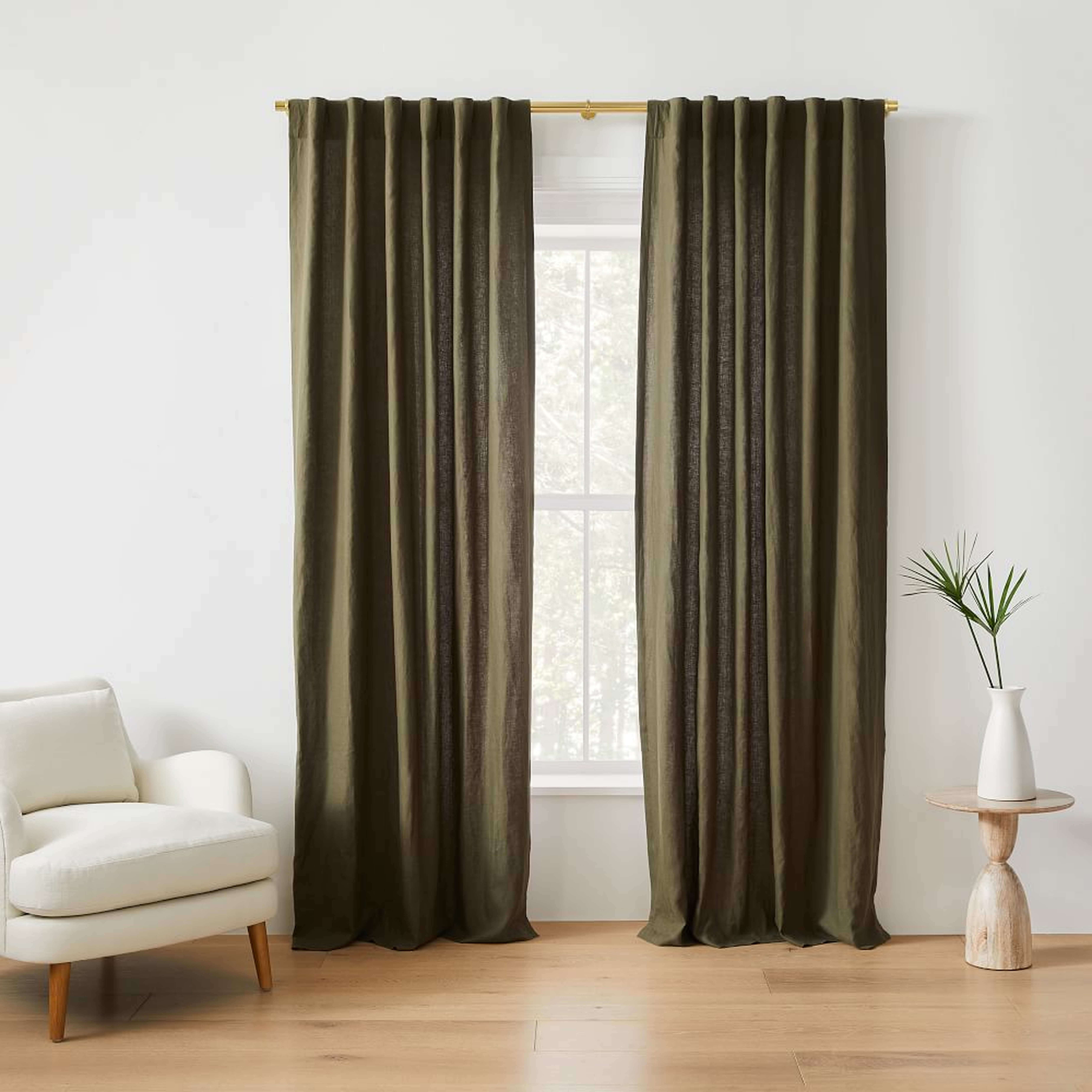 Sheer European Linen Curtain, 48"x96", Dark Olive - West Elm