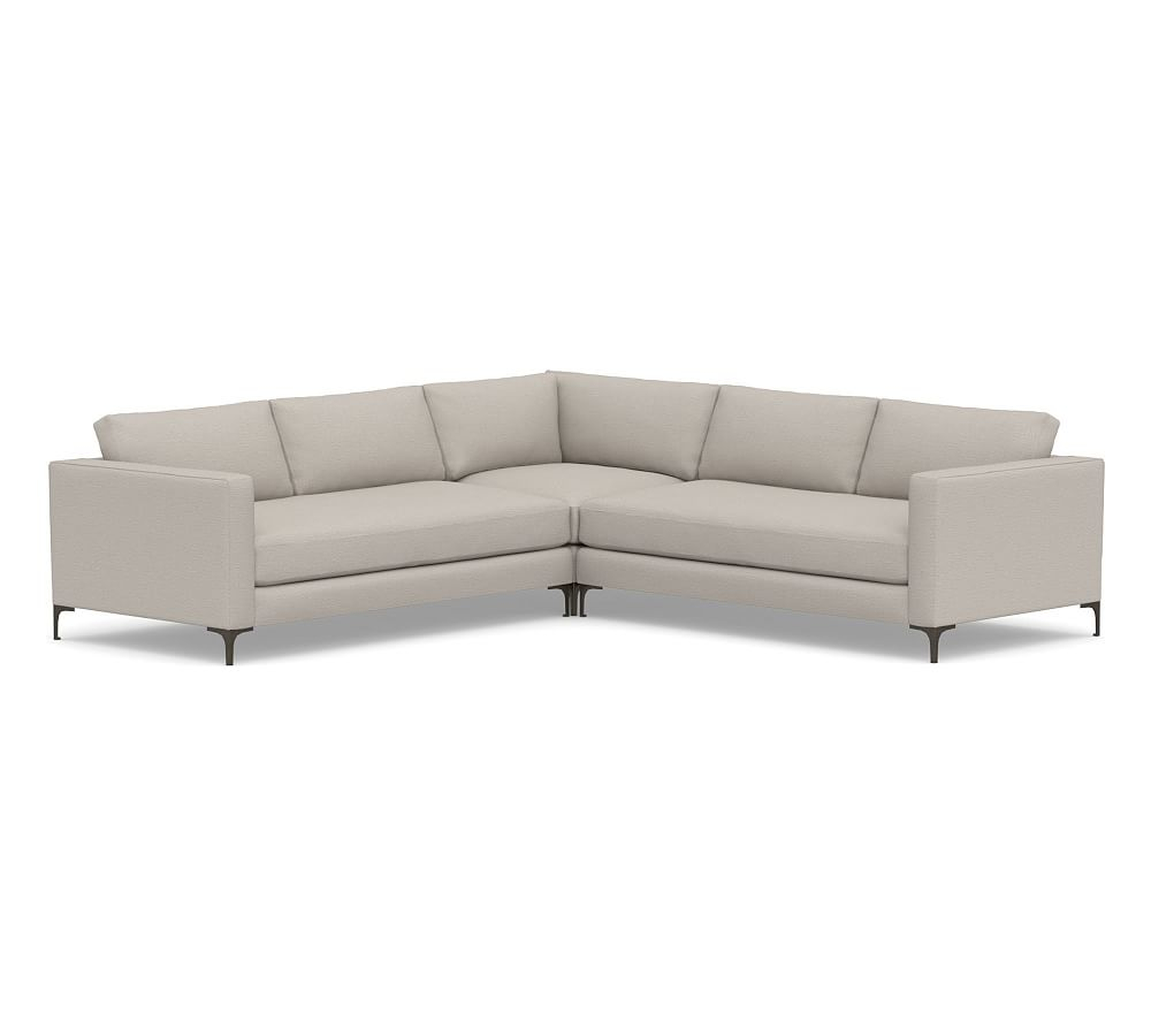 Jake Upholstered 3-Piece L-Shaped Corner Sectional, Bench Cushion, Bronze Legs, Polyester Wrapped Cushions, Chunky Basketweave Stone - Pottery Barn