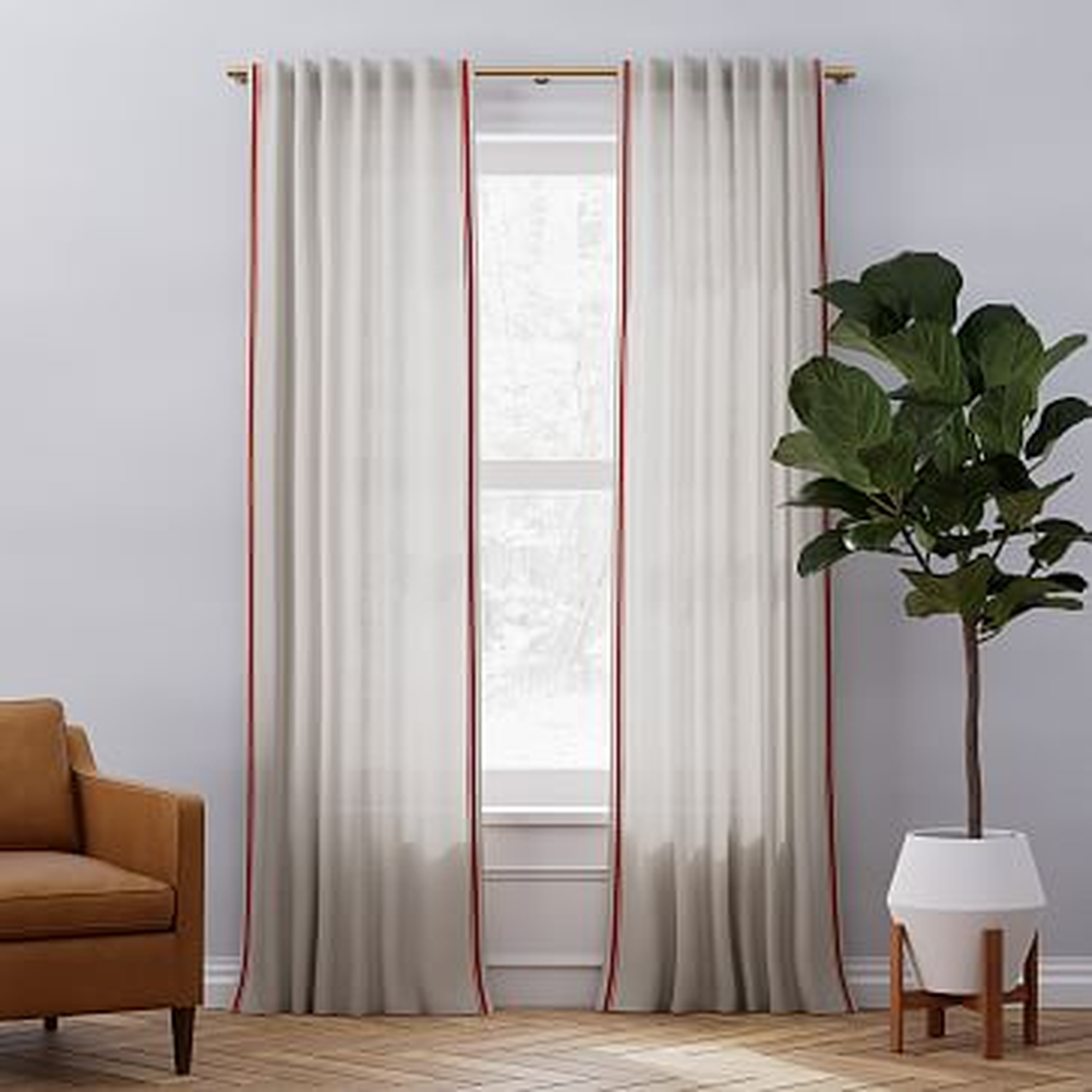 European Flax Linen Embroidered Stripe Curtain, Natural/Terracotta , 48"x84" - West Elm