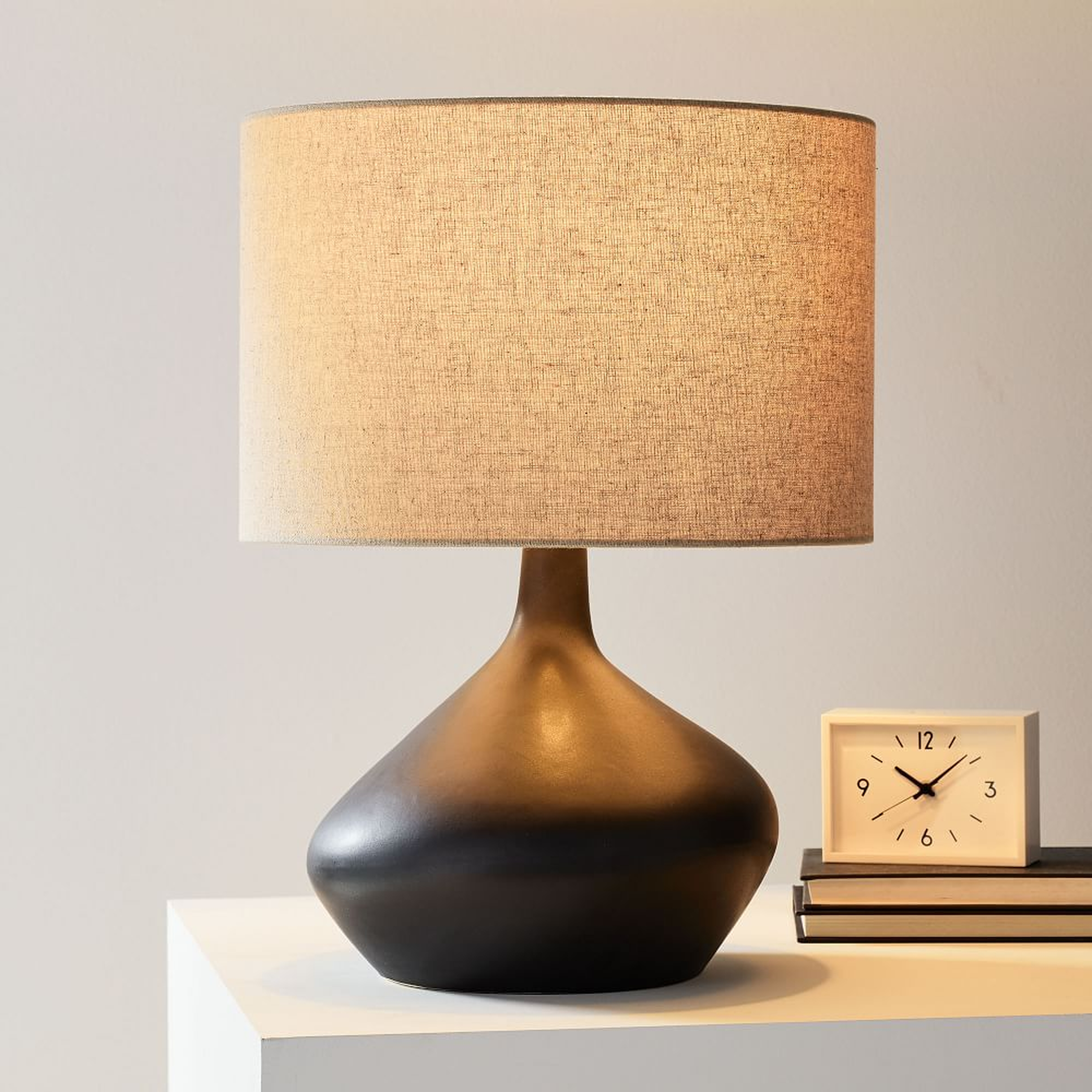 Asymmetric Ceramic Table Lamp Black Natural Linen (19") - West Elm
