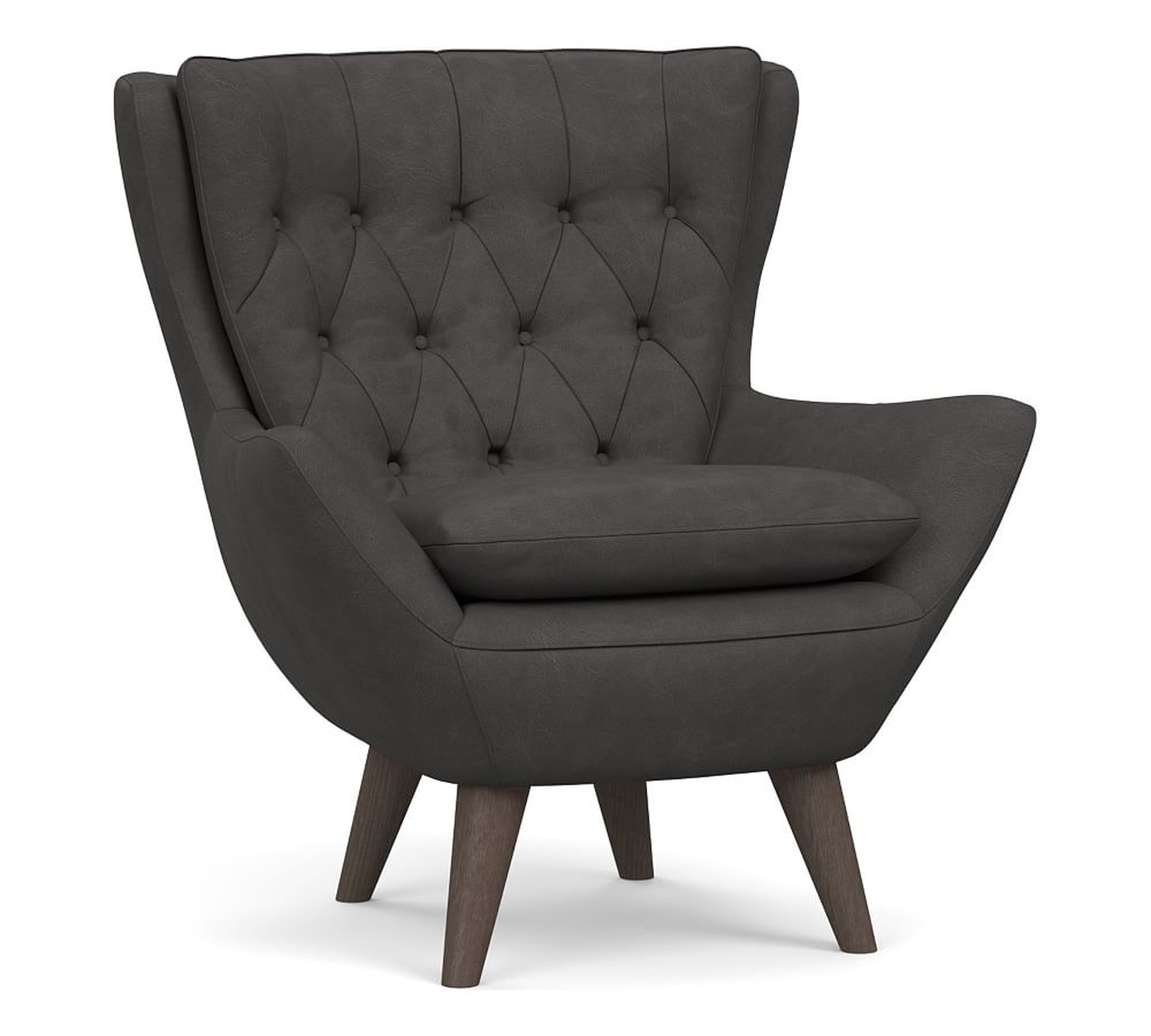 Wells Leather Petite Armchair, Polyester Wrapped Cushions, Performance Carbon - Pottery Barn