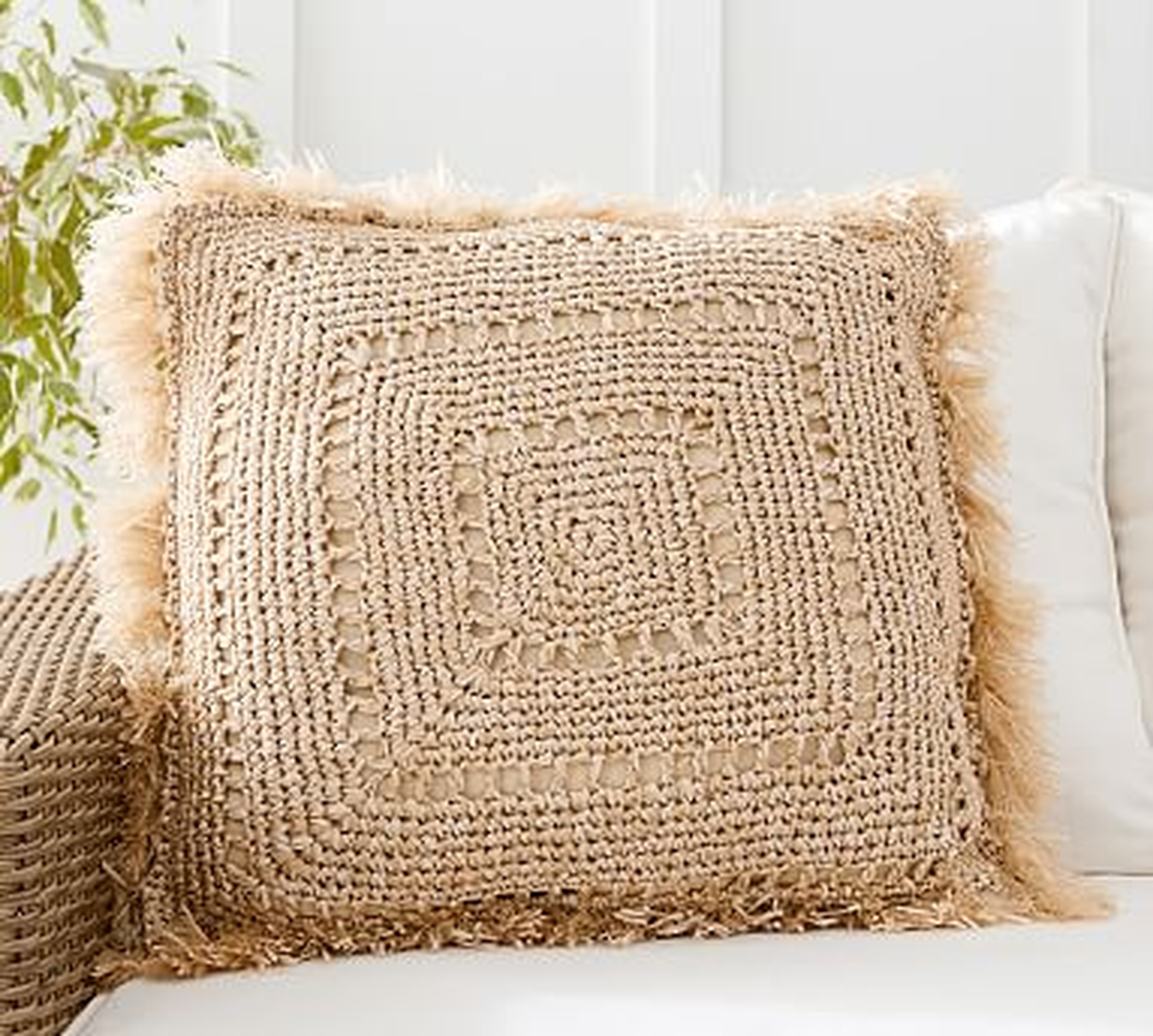 Faux Natural Fiber Crochet Fringe Outdoor Pillow , 20", Natural - Pottery Barn