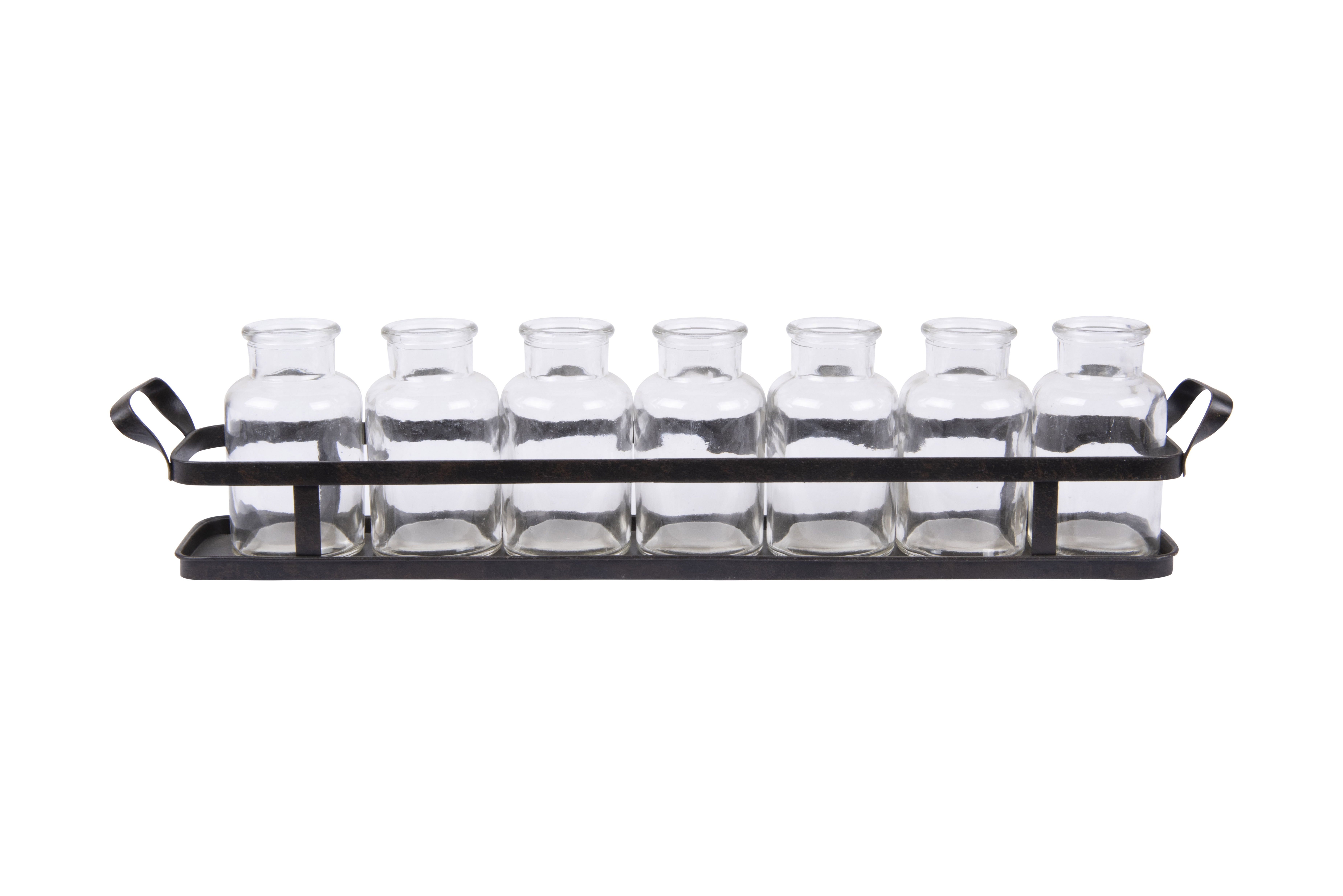 7 Glass Bottles on Rectangle Metal Tray with Handles (Set of 8 Pieces) - Nomad Home