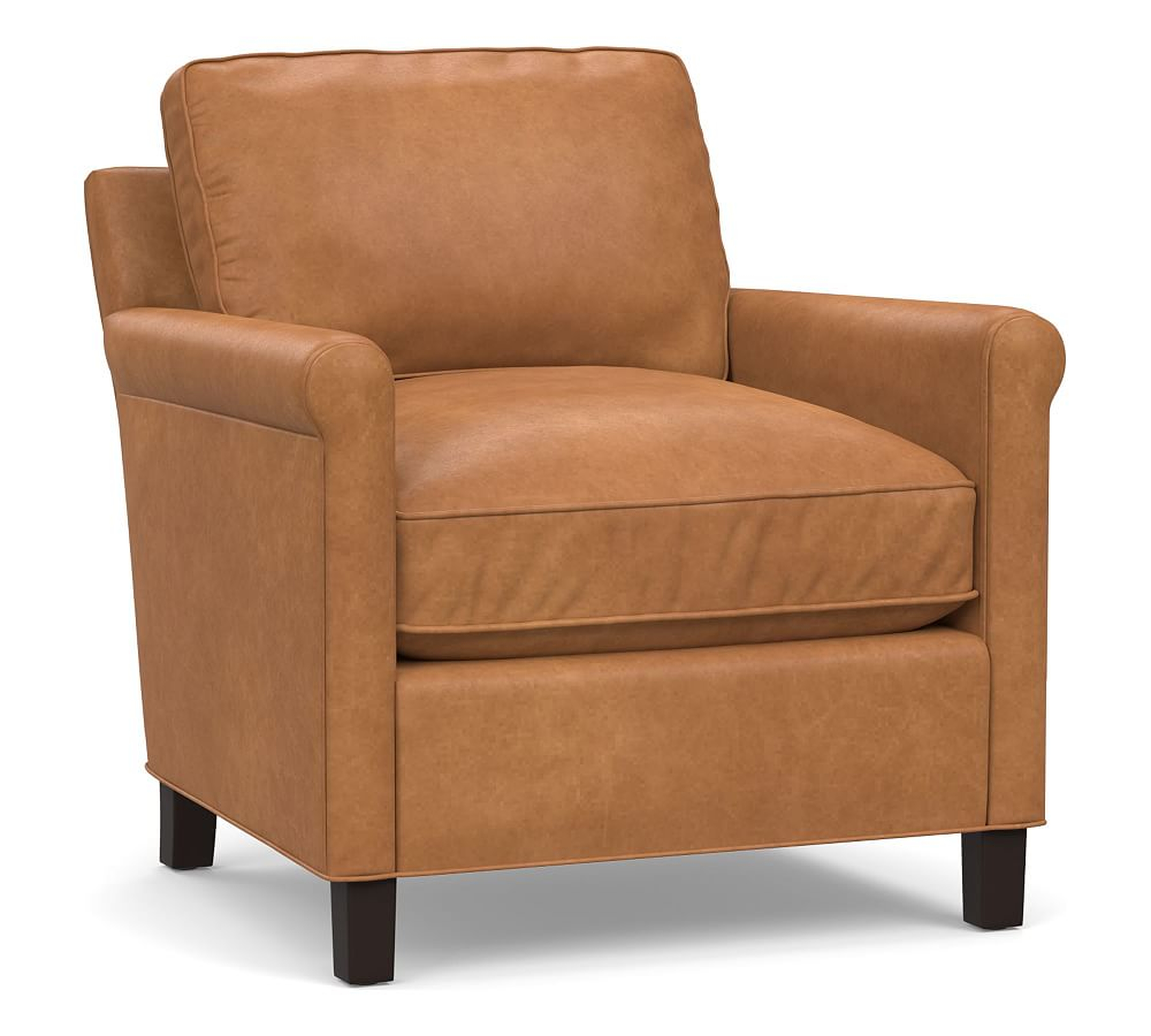 Tyler Roll Arm Leather Armchair without Nailheads, Down Blend Wrapped Cushions, Churchfield Camel - Pottery Barn