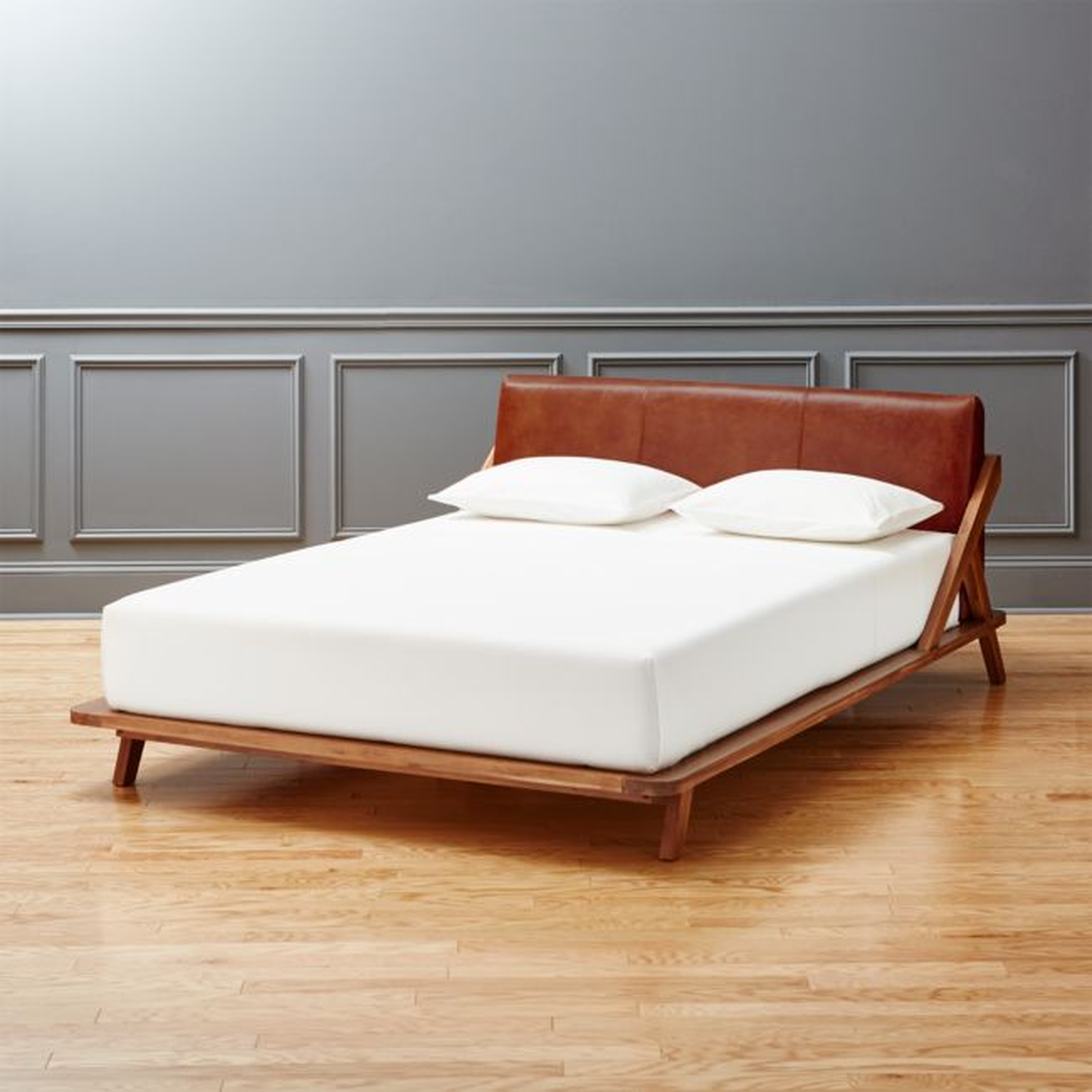 Drommen Acacia Queen Bed with Leather Headboard - CB2