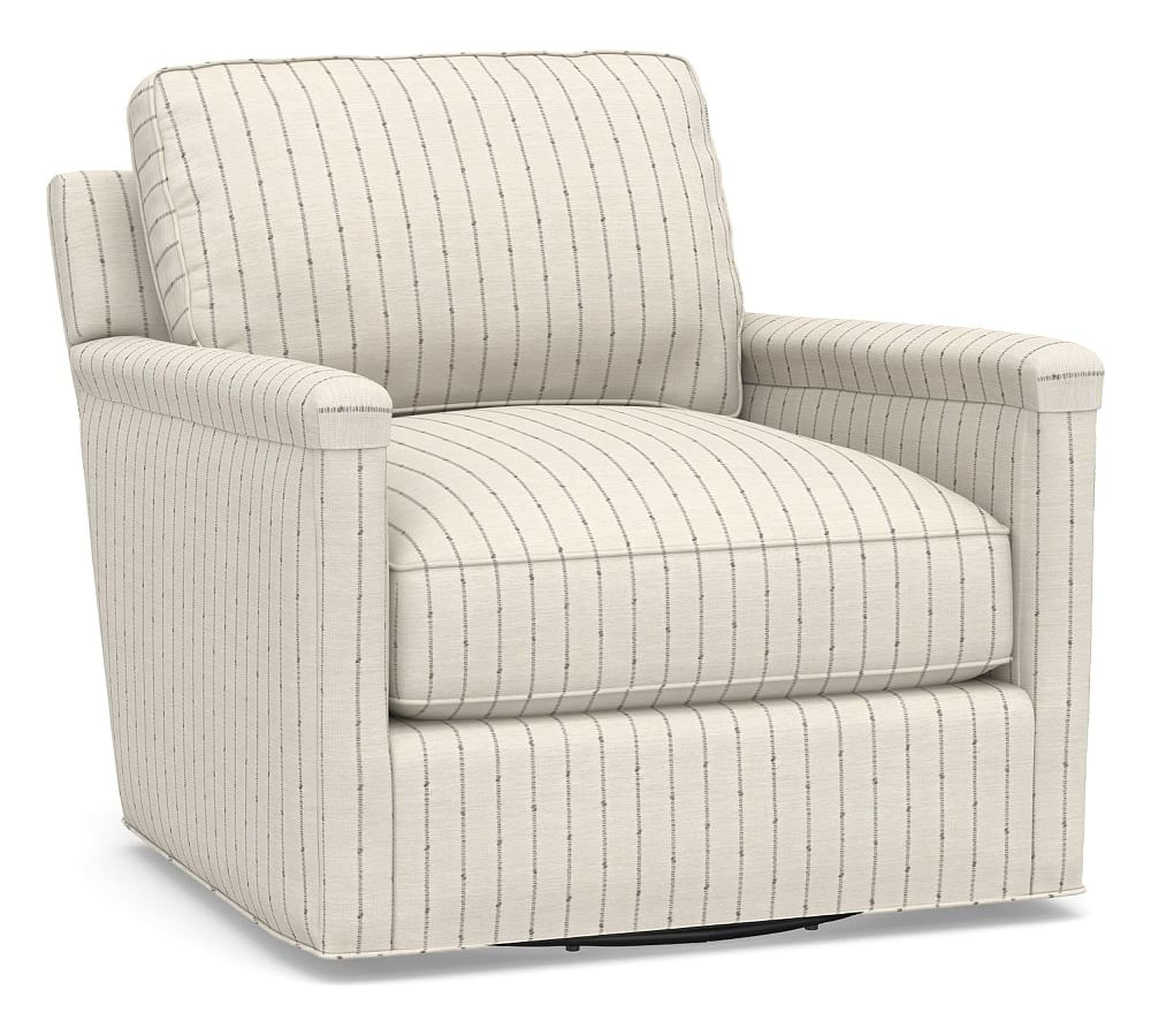 Tyler Square Arm Upholstered Swivel Armchair, Down Blend Wrapped Cushions, Slubby Pinstripe Oatmeal - Pottery Barn