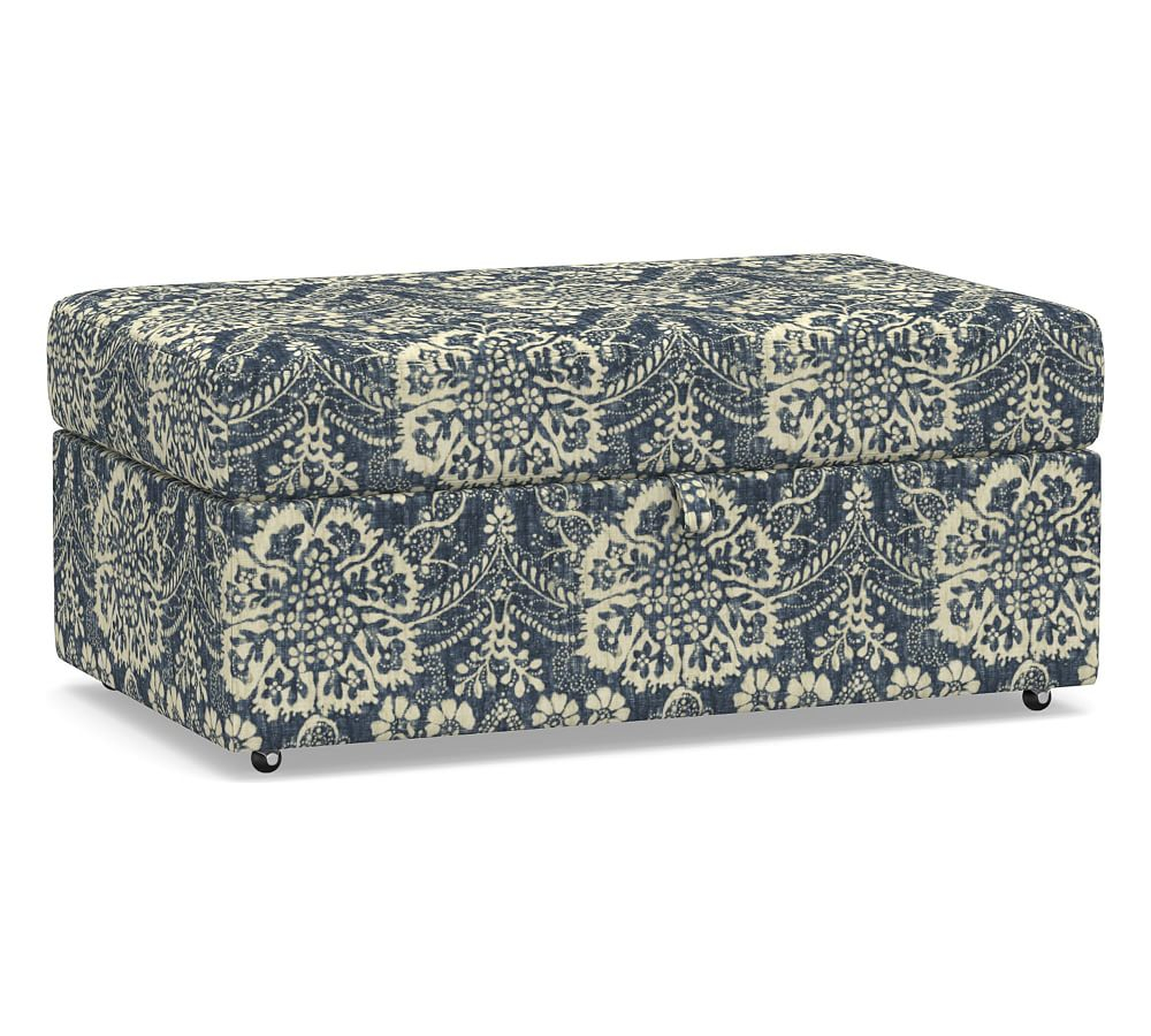 Big Sur Upholstered Storage Ottoman with Pull Out Table, Down Blend Wrapped Cushions, Bernyce Print Blue - Pottery Barn
