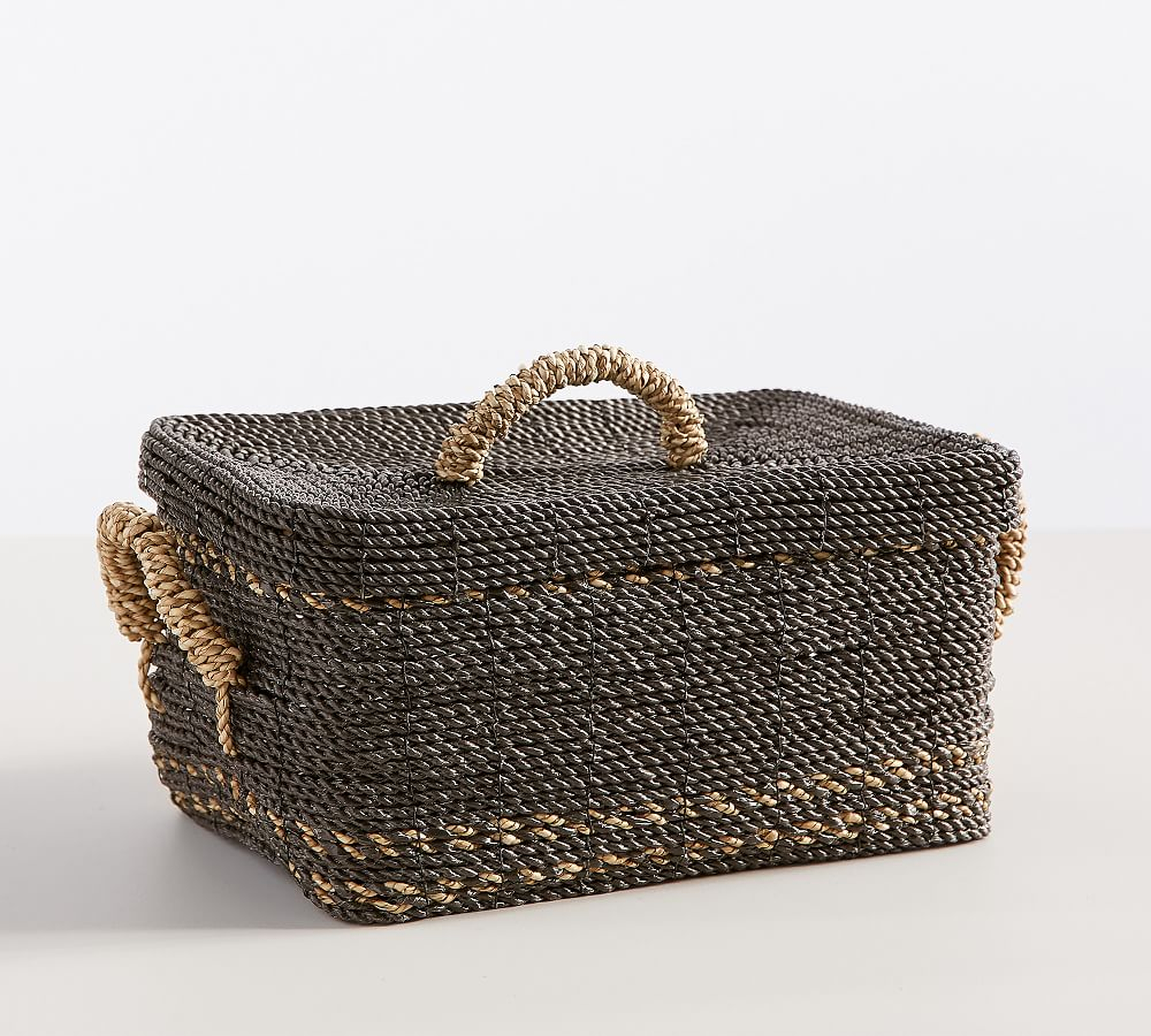 Asher Lidded Seagrass Basket, Charcoal/natural - Pottery Barn