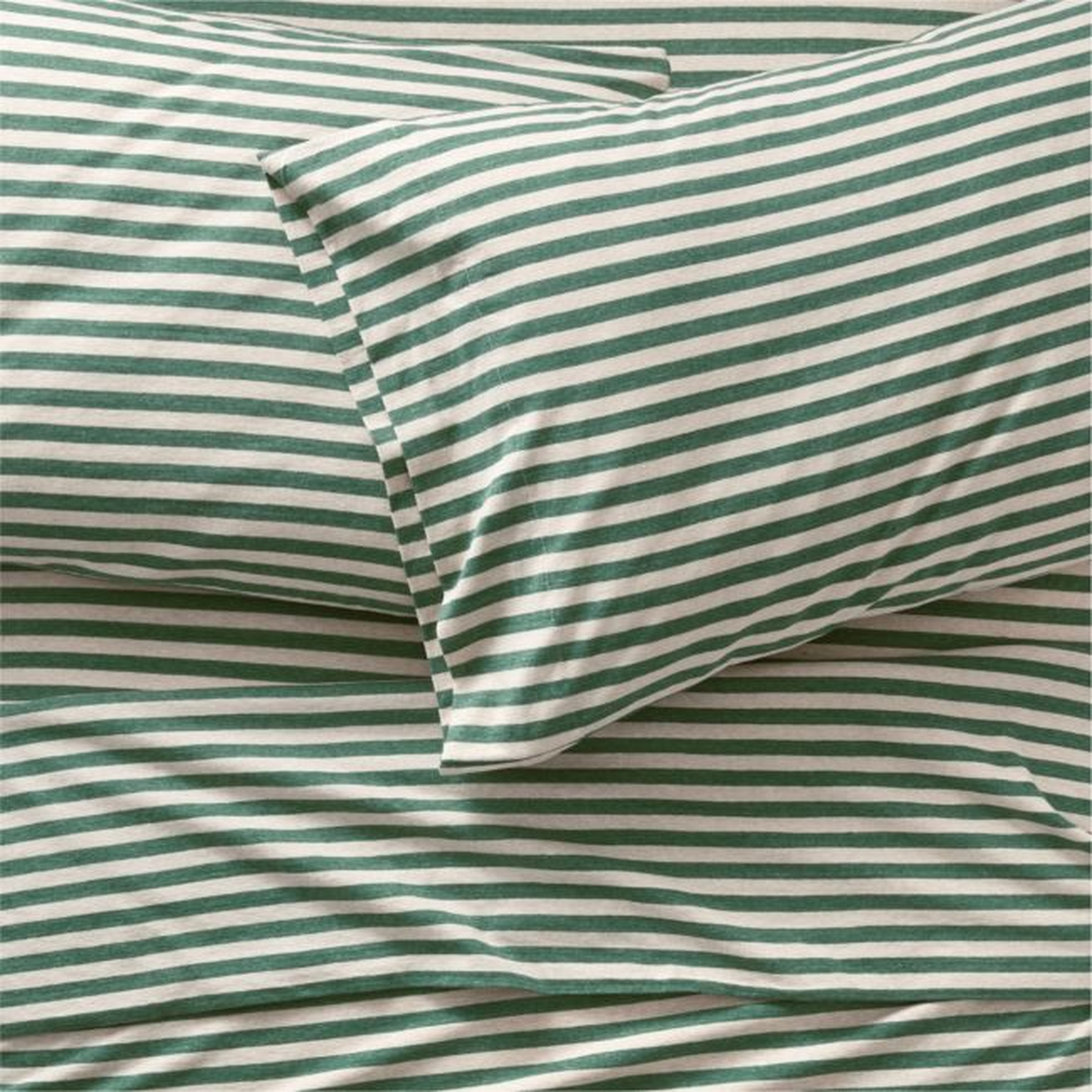 Queen Heathered Green Stripe Jersey Sheet Set - Crate and Barrel