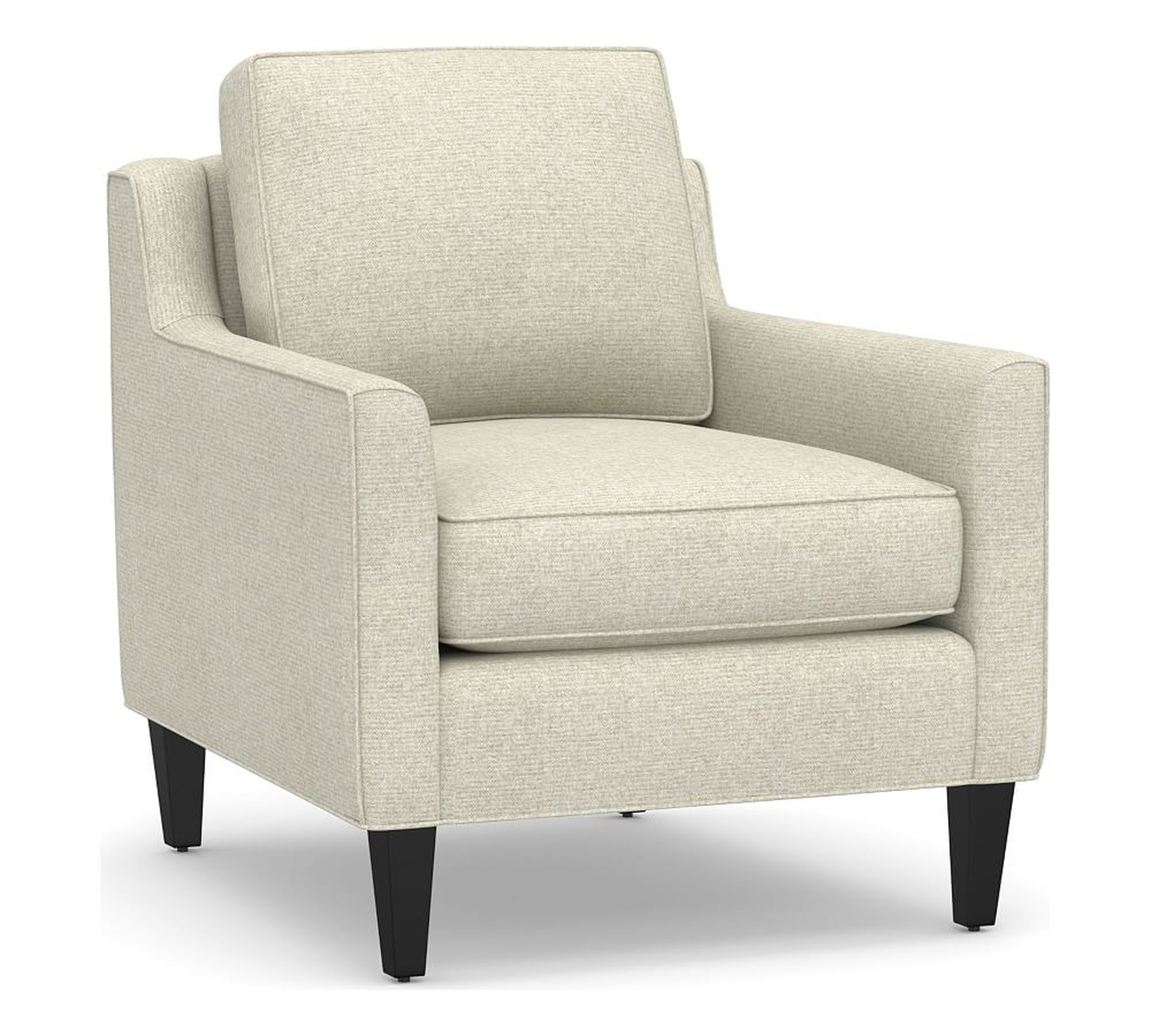 Beverly Upholstered Armchair, Polyester Wrapped Cushions, Performance Heathered Basketweave Alabaster White - Pottery Barn