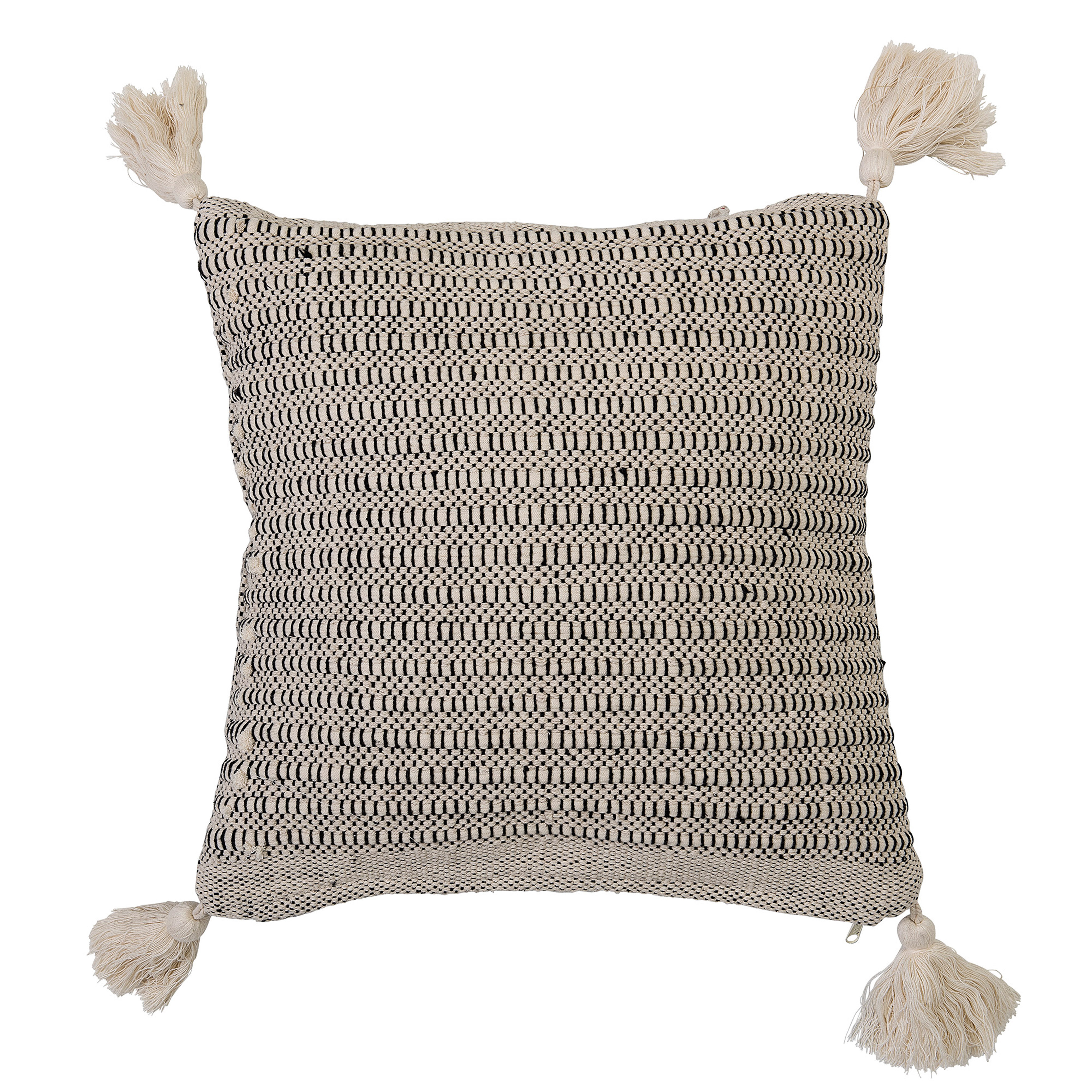 Square Pillow with Corner Tassels, Beige Cotton, 18" x 18" - Moss & Wilder