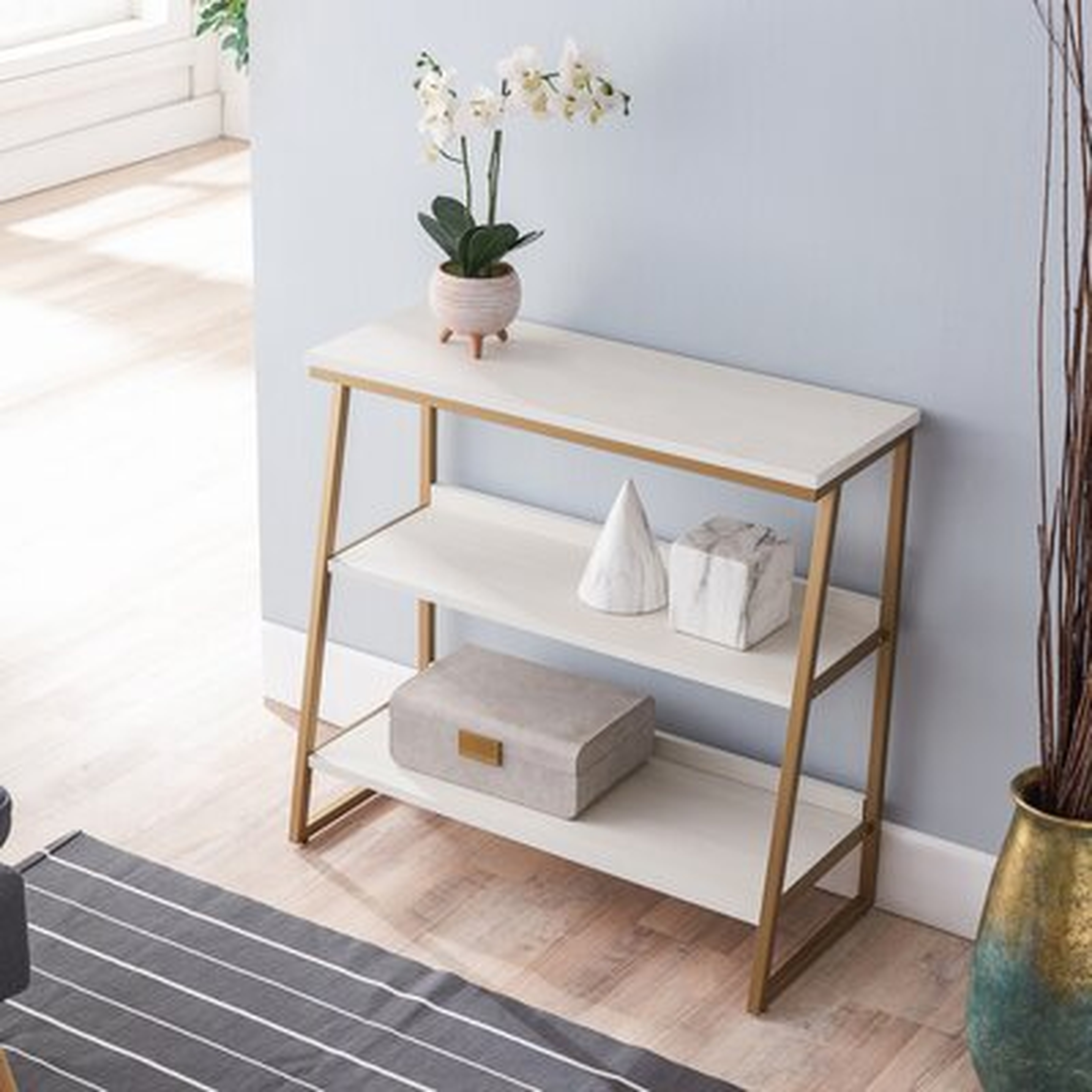 Leick Home F33124658E5A4B96A3FD598297FE729B Mixed Metal And Wood Stepped Tier Bookshelf, White Herringbone/Satin Gold - Wayfair