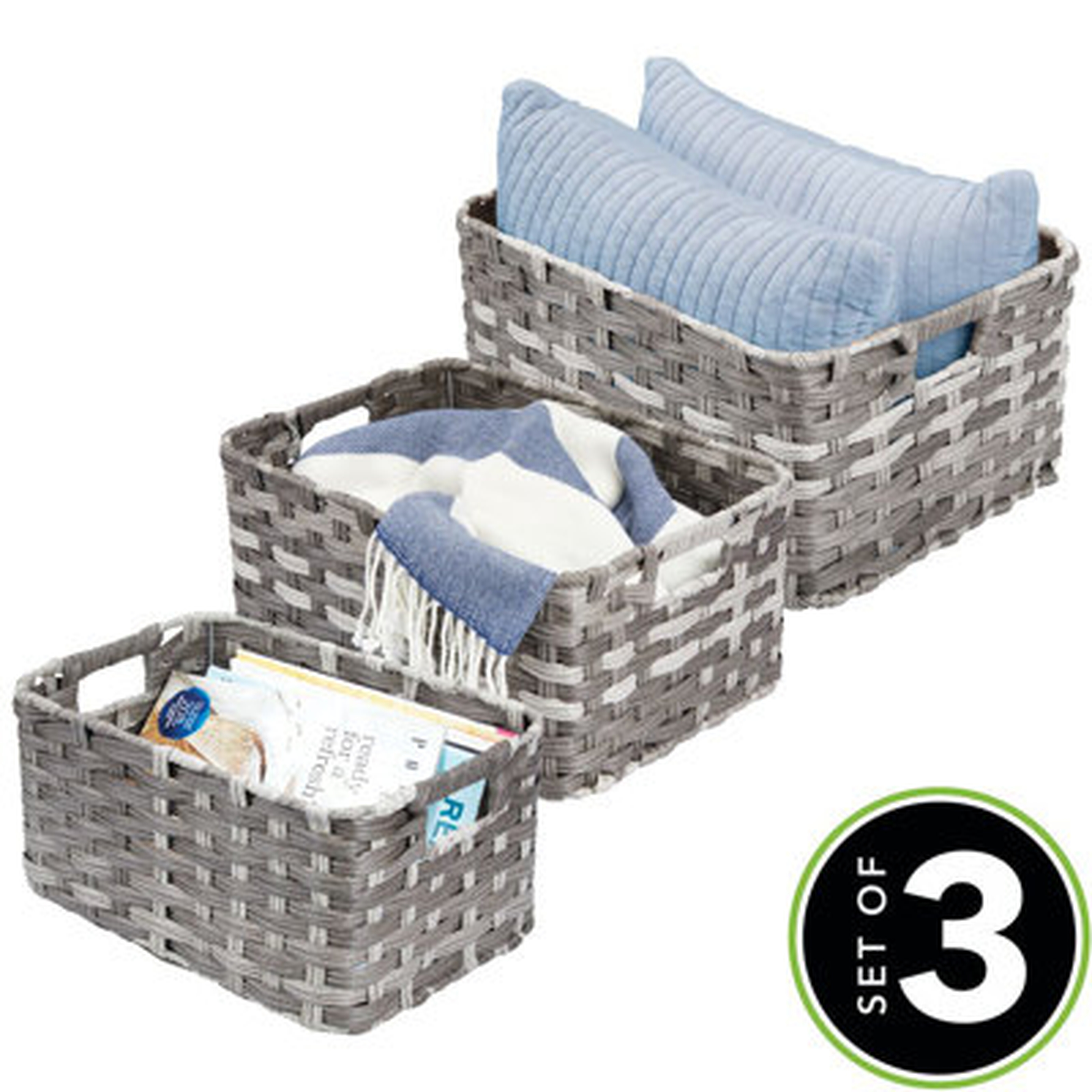 Mdesign Rectangular Woven Braided Home Storage Basket Bin Set Of 3 - Gray - Wayfair