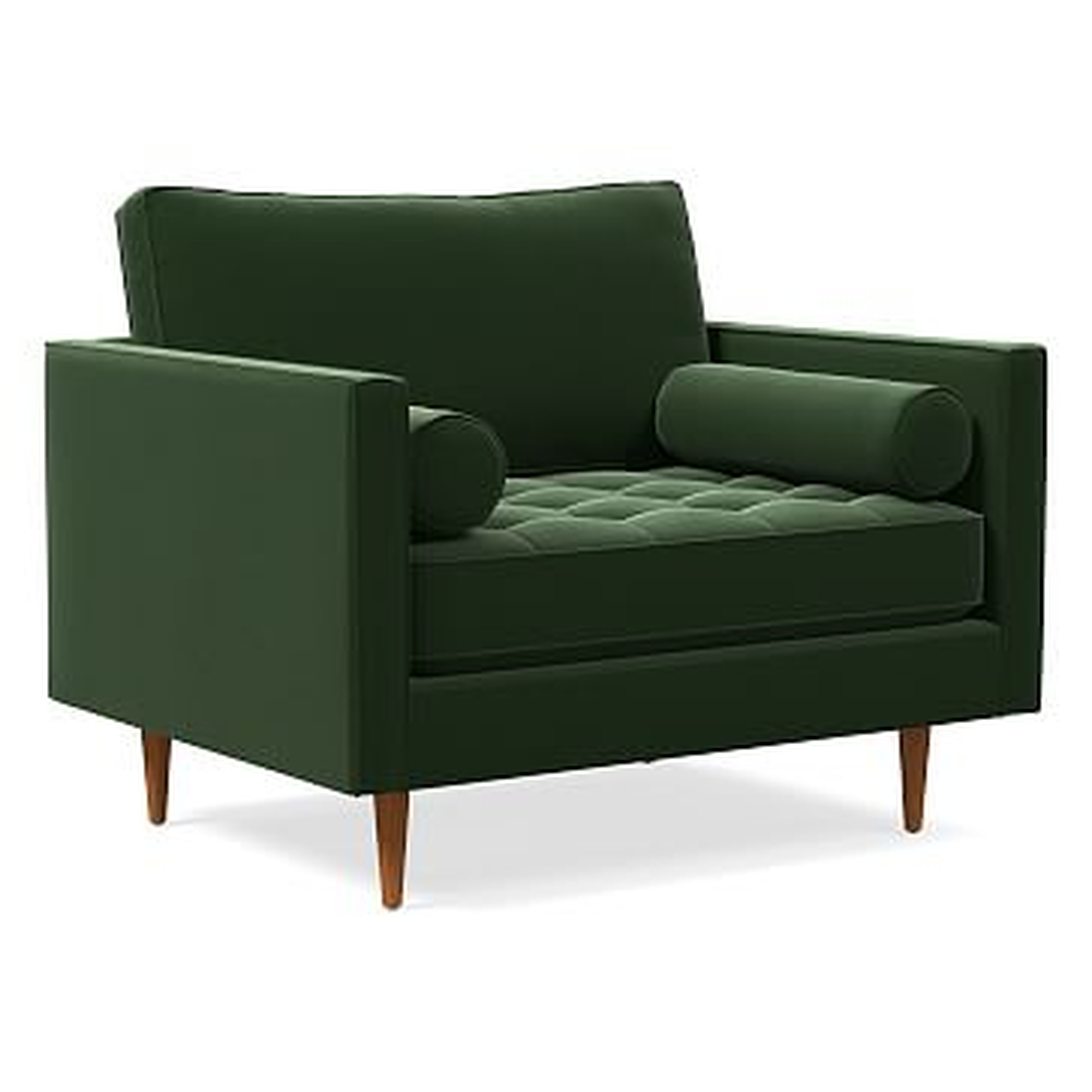 Monroe Tufted Chair and a Half, Poly, Performance Velvet, Moss, Pecan - West Elm