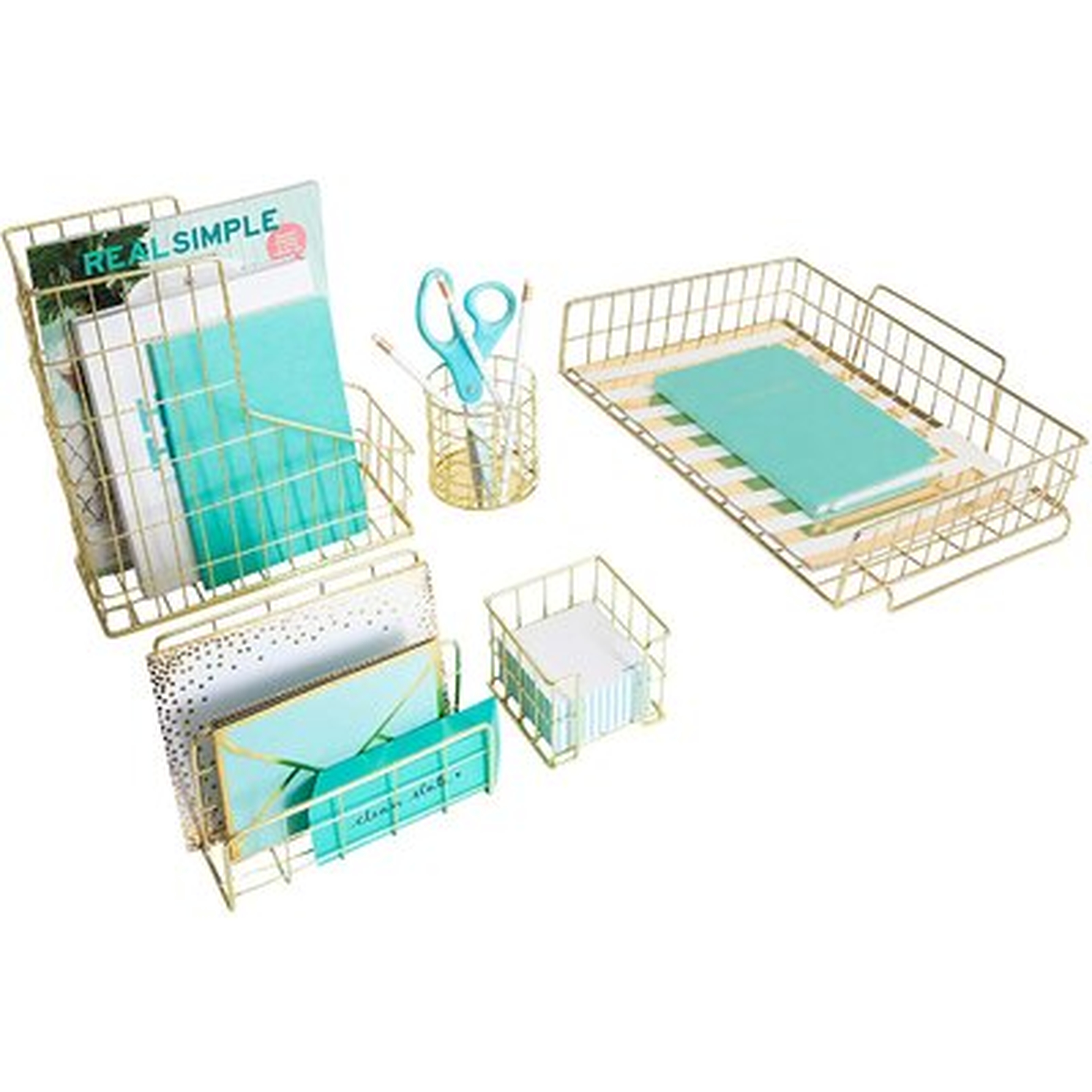 Office Supplies Gold Desk Accessories For Women - 5 Piece Wire Gold Desk Organizer Set - Letter Sorter, Paper Tray, Pen Cup, Magazine File - Stationery Décor - Wayfair