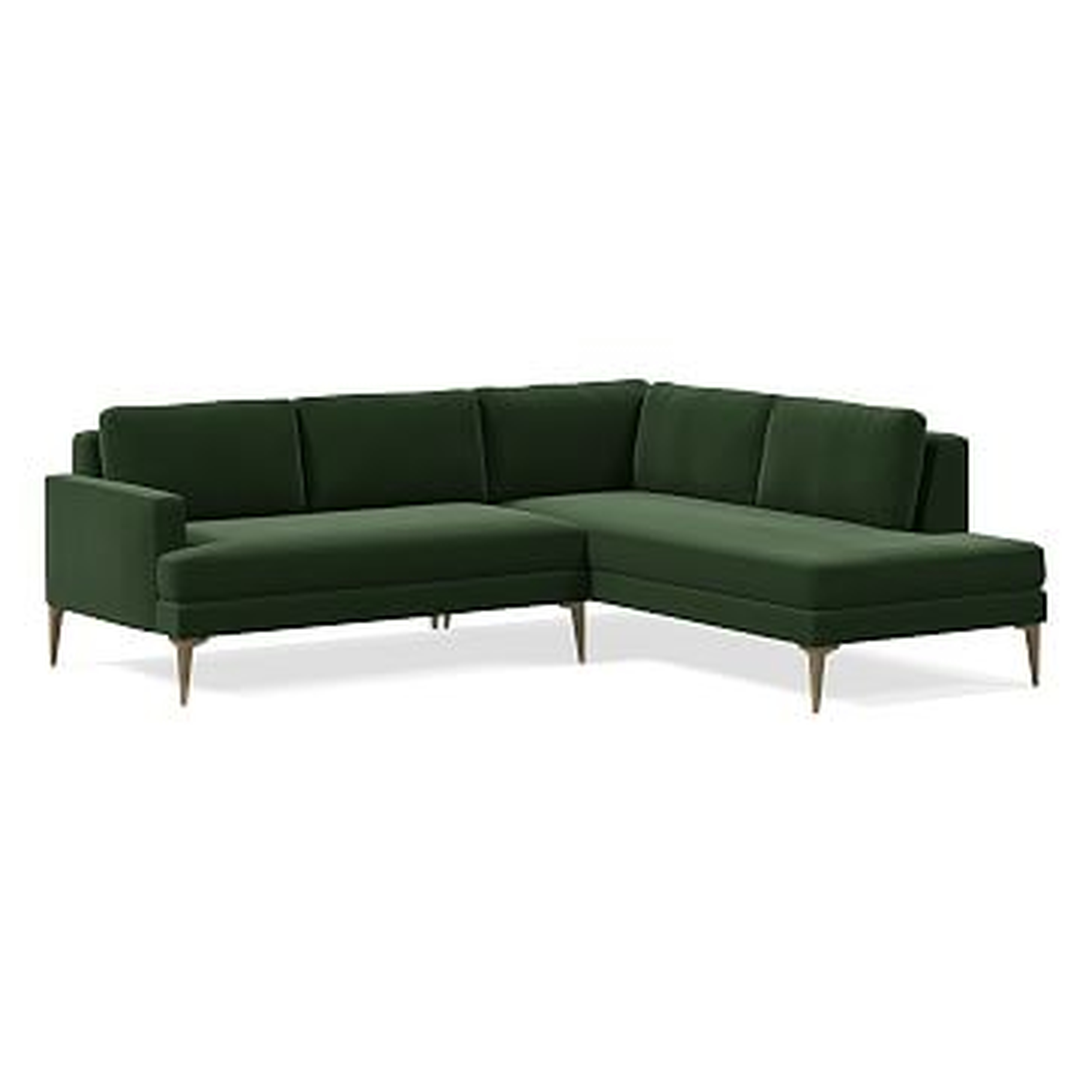Andes Petite Sectional Set 55: Left Arm 2 Seater Sofa, Right Arm Terminal Chaise, Poly, Performance Velvet, Moss, Blackened Brass - West Elm