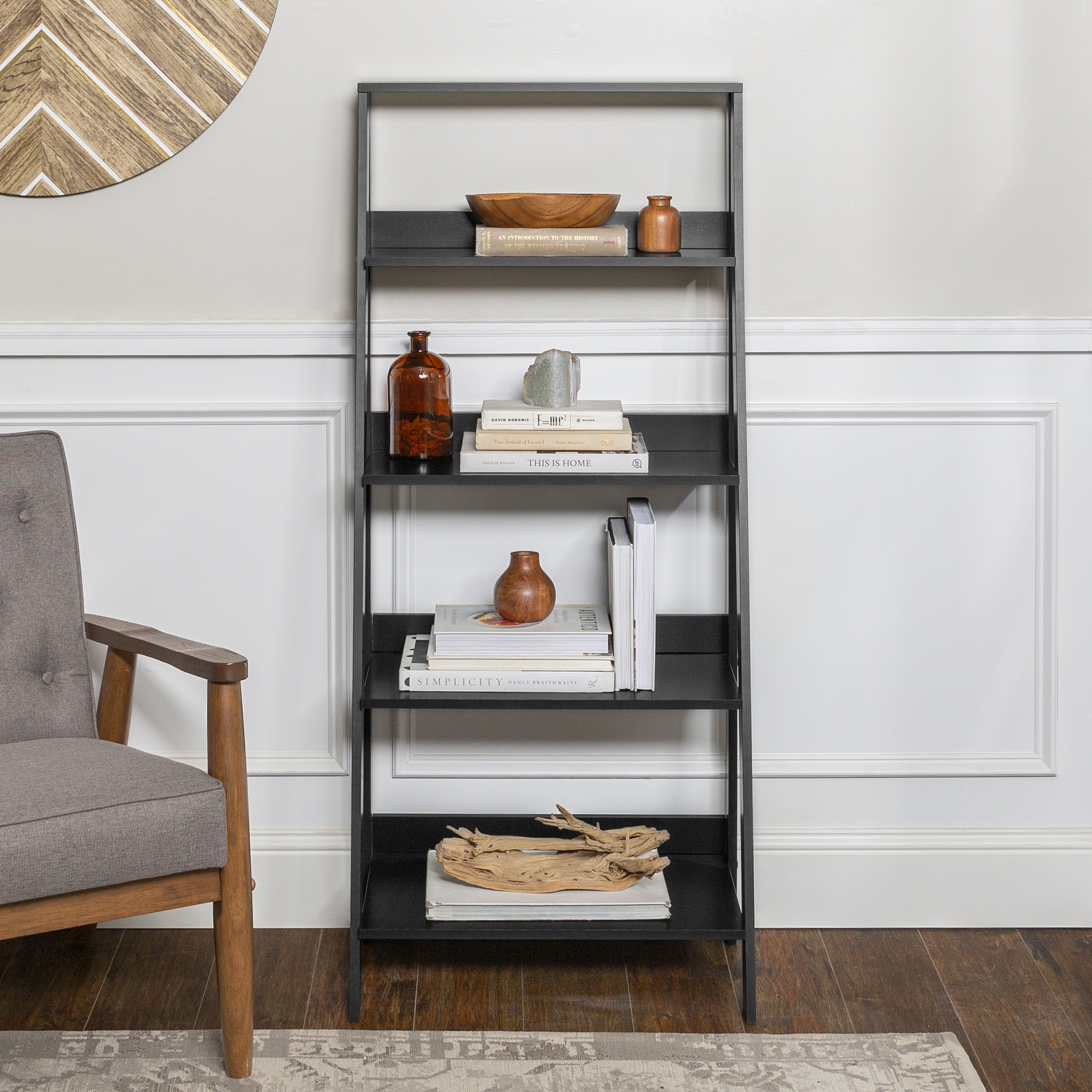 55" Modern Wood Ladder Bookshelf - Black - Walker Edison