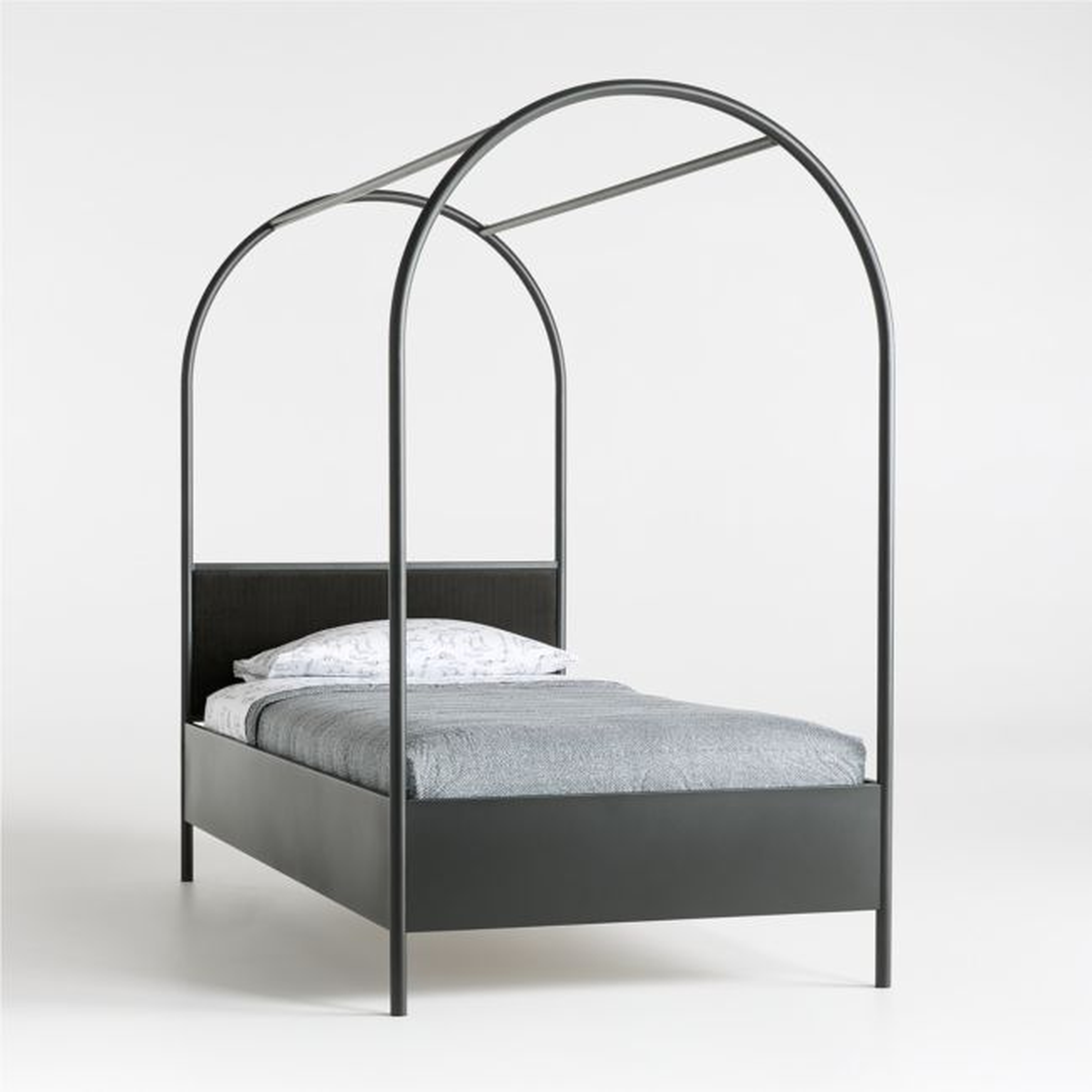 Canyon Arched Twin Black Canopy Bed with Upholstered Headboard - Crate and Barrel