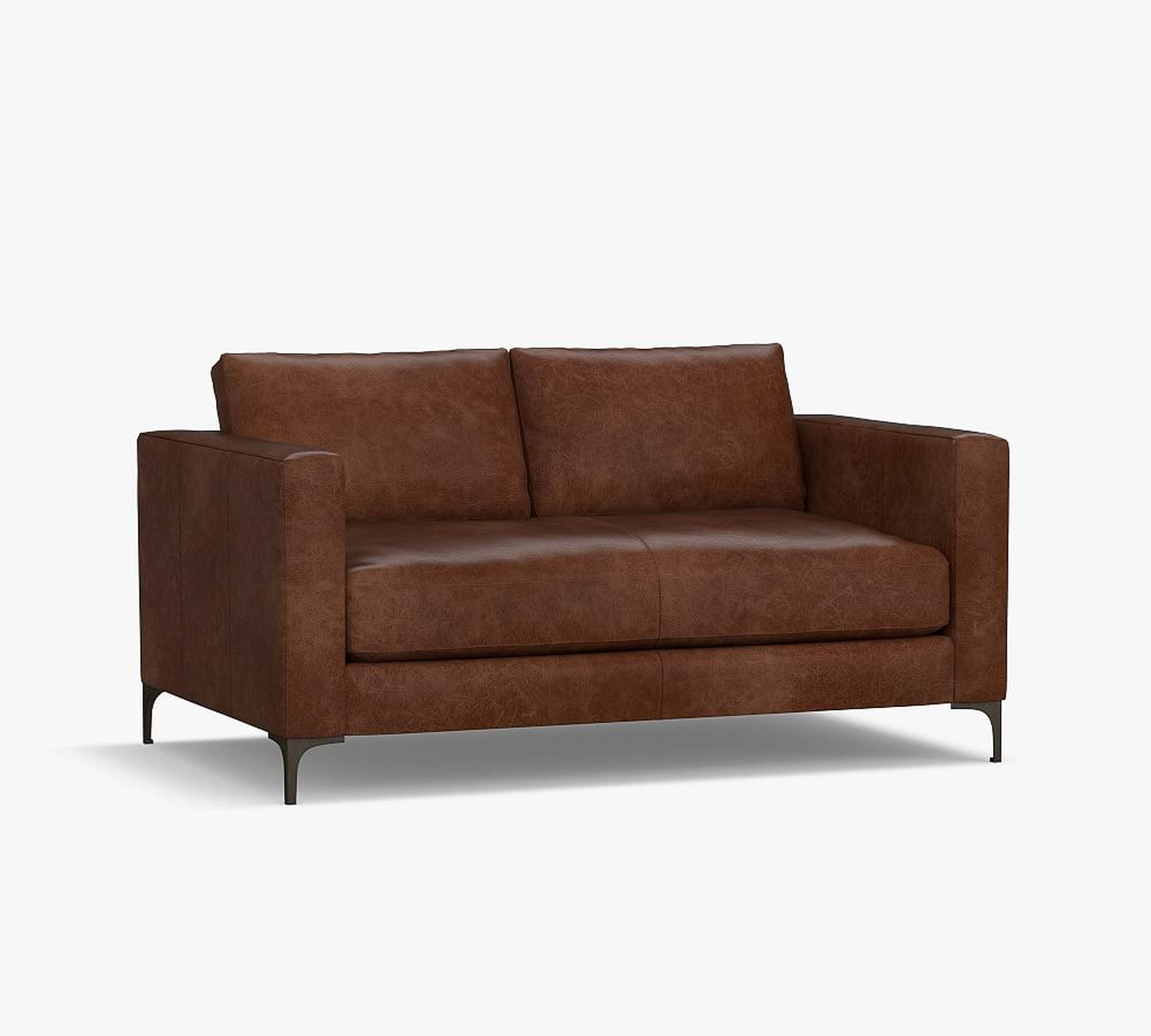 Jake Leather Apartment Sofa 63" with Bronze Legs, Down Blend Wrapped Cushions, Churchfield Camel - Pottery Barn
