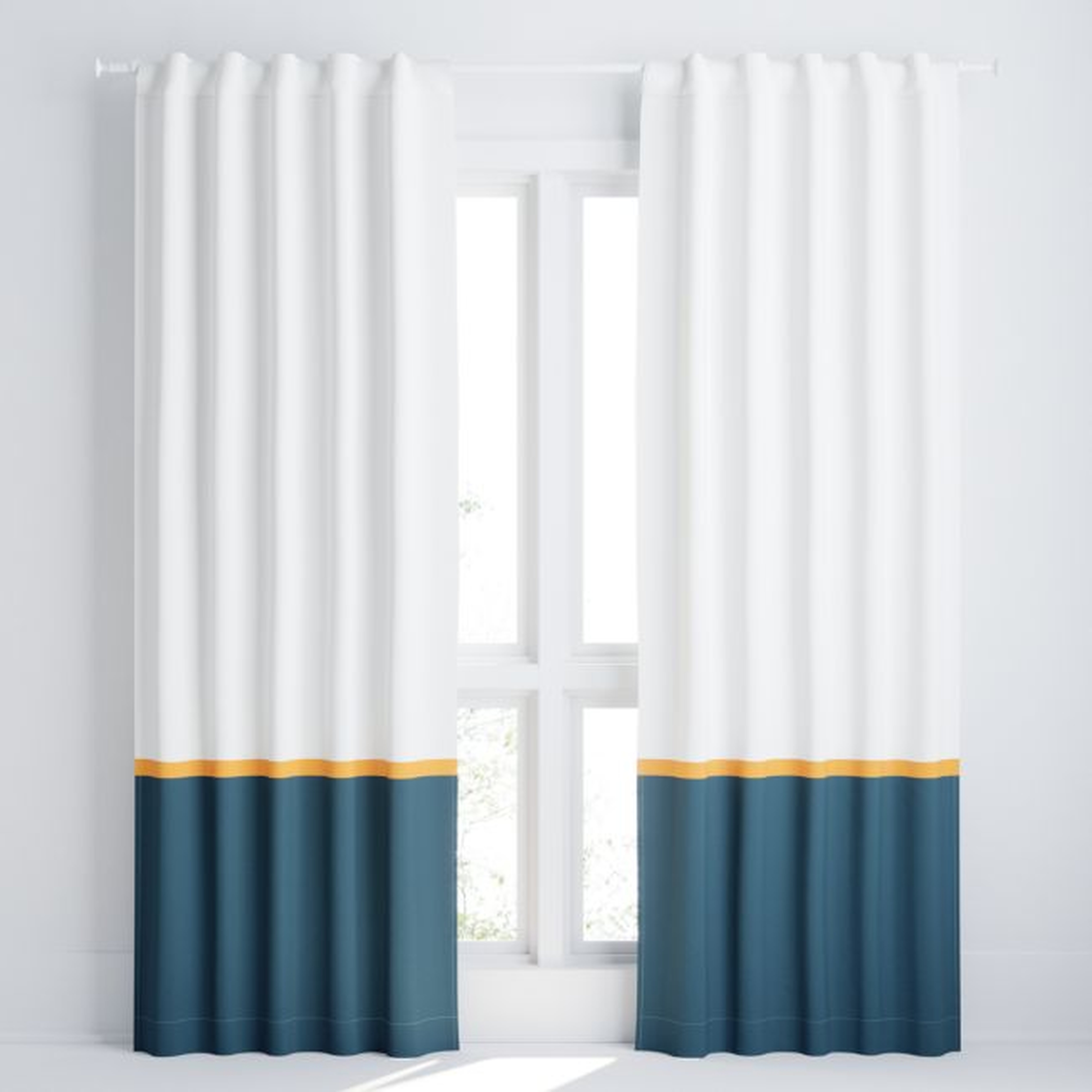 White and Navy Color Block Blackout 84" Curtain Panel - Crate and Barrel
