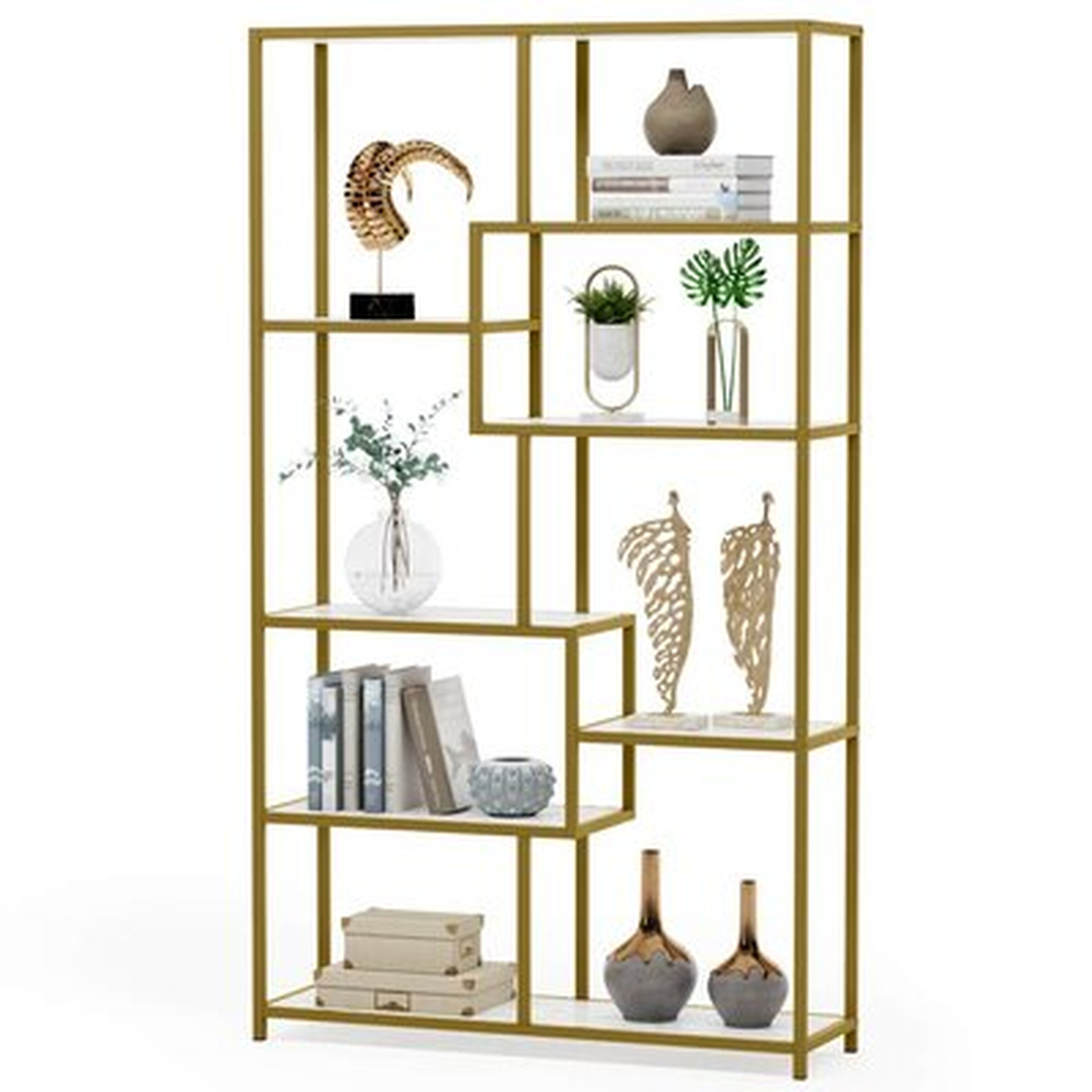 Bookshelf Bookcase, Gold 8-Open Shelf Etagere Bookcase With Faux Marble, Modern Book Shelves Display Shelf Storage Organizer For Home Office - Wayfair