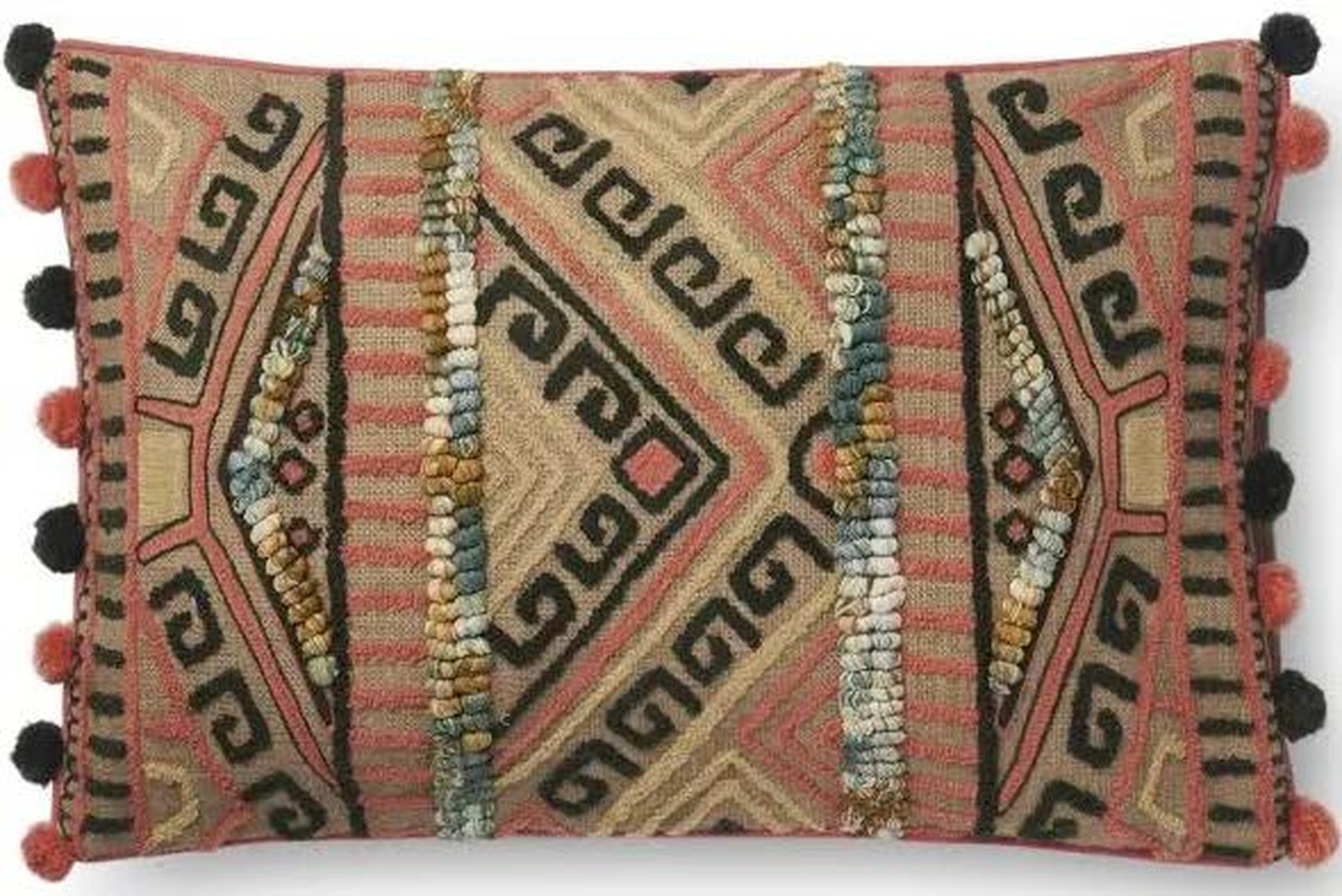 Embroidered Throw Pillow with Pom Poms, 21" x 13" - Loloi Rugs