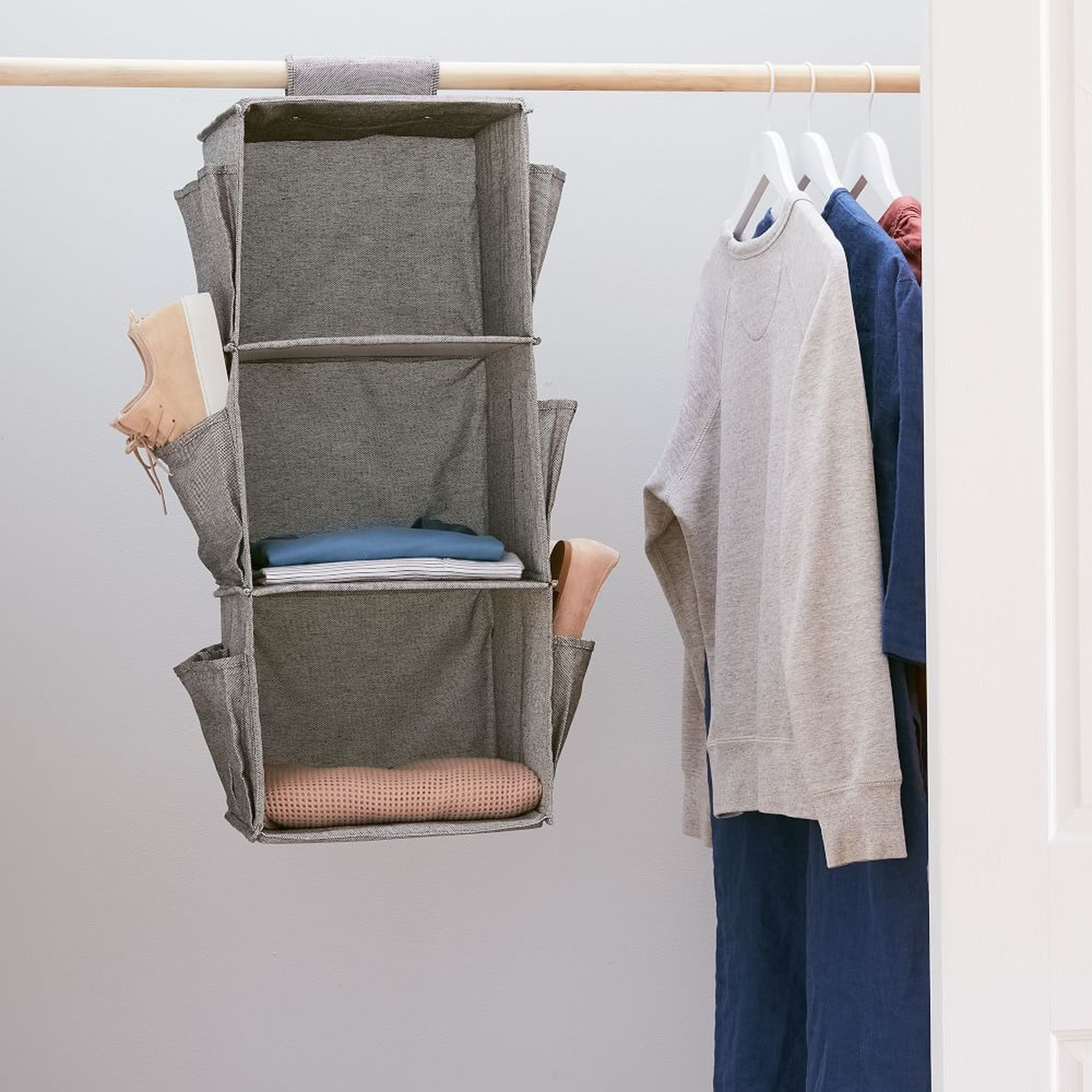Soft Closet Storage - Hanging Closet Organizer + Shoe Pockets, Storm Gray - West Elm