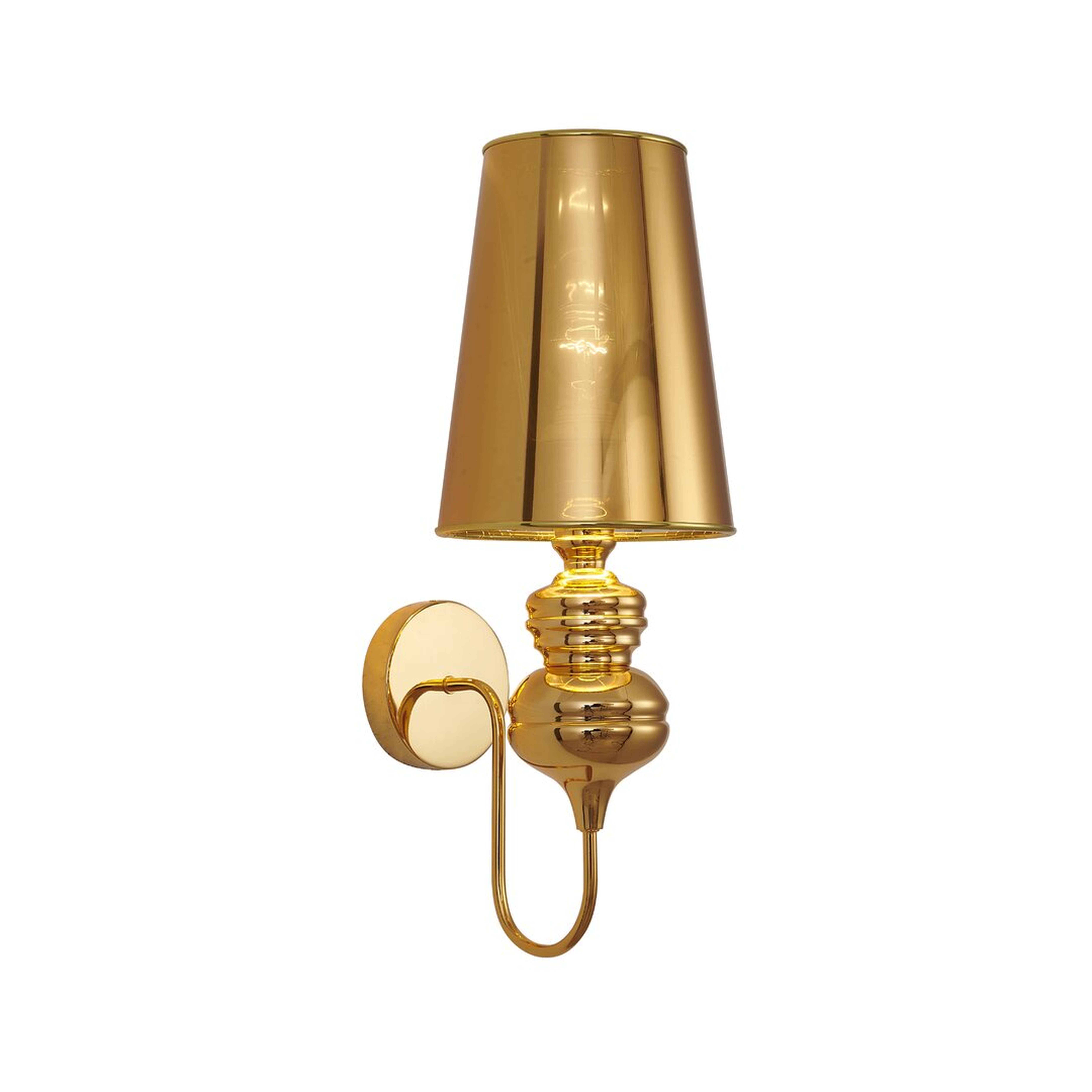 "Bethel International This Wall Sconce Is In A Polished Gold Finish. The Frame Is Made Out Of A Steel, And It Comes With A Polished Gold Steel Shade. It Can Be Used In And Rooms, Entryways, And More." - Perigold