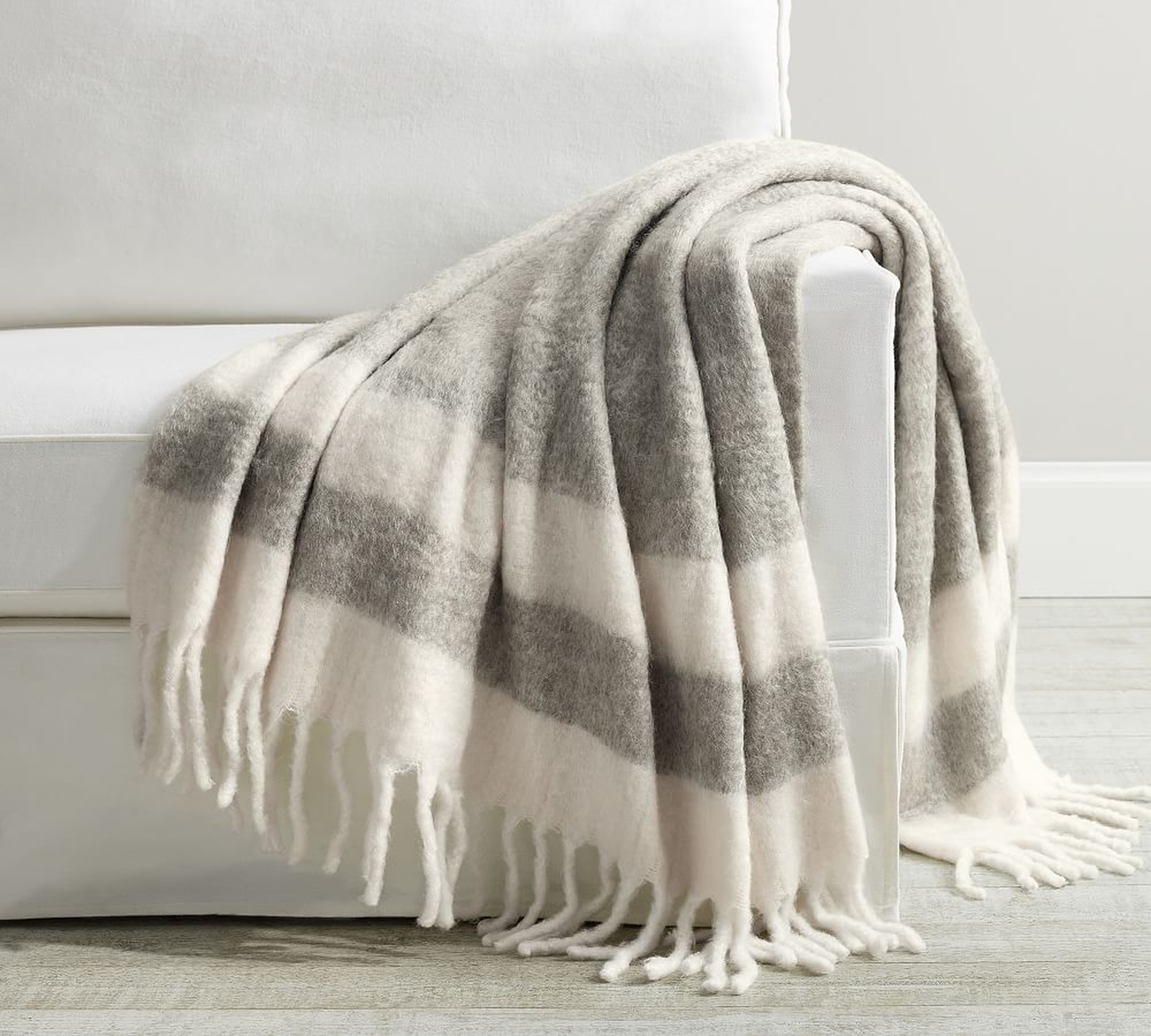 Faux Mohair Striped Throw, Ivory & Gray, 50" x 60" - Pottery Barn