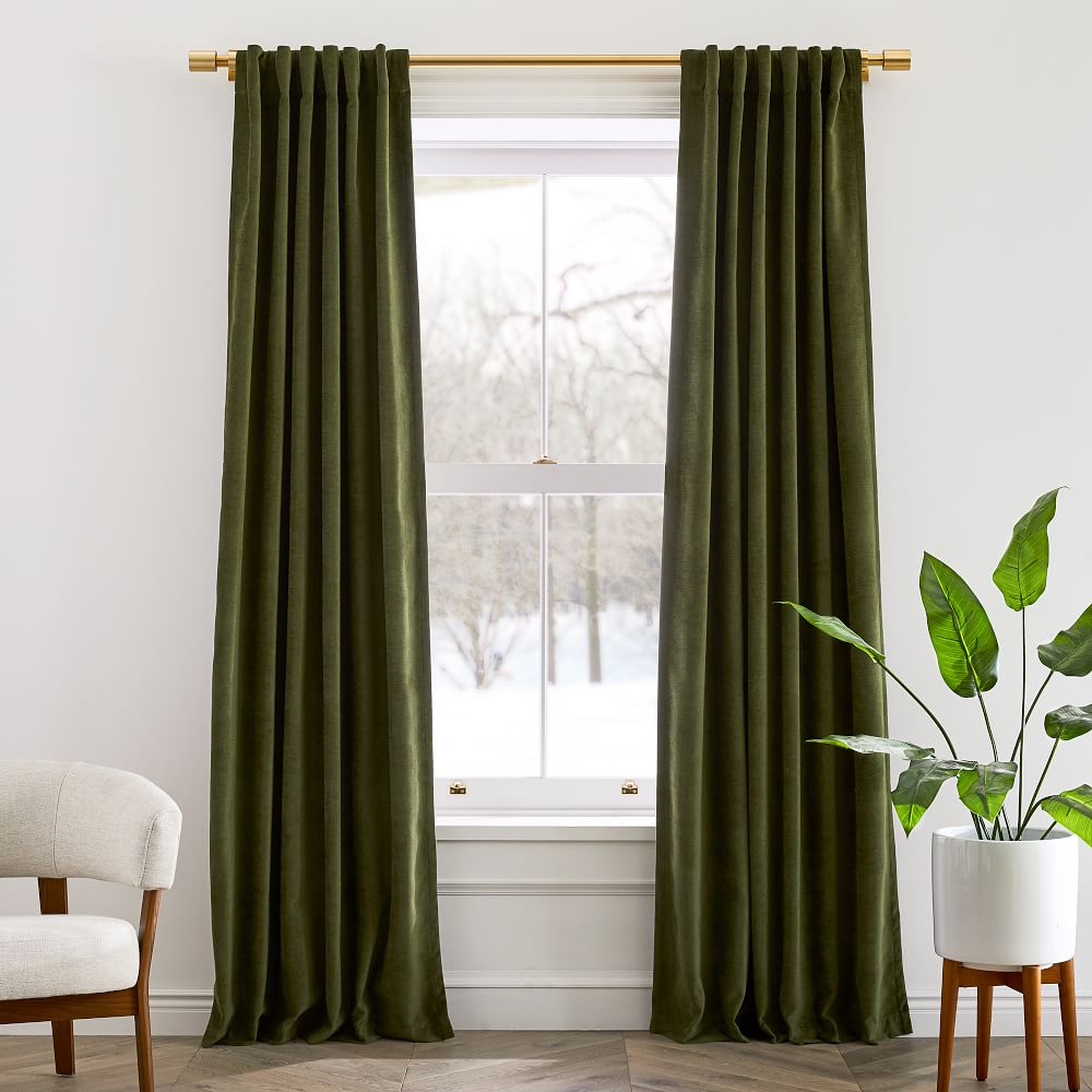 Worn Velvet Curtain with Cotton Lining, Tarragon, 48"x96", Set of 2 - West Elm