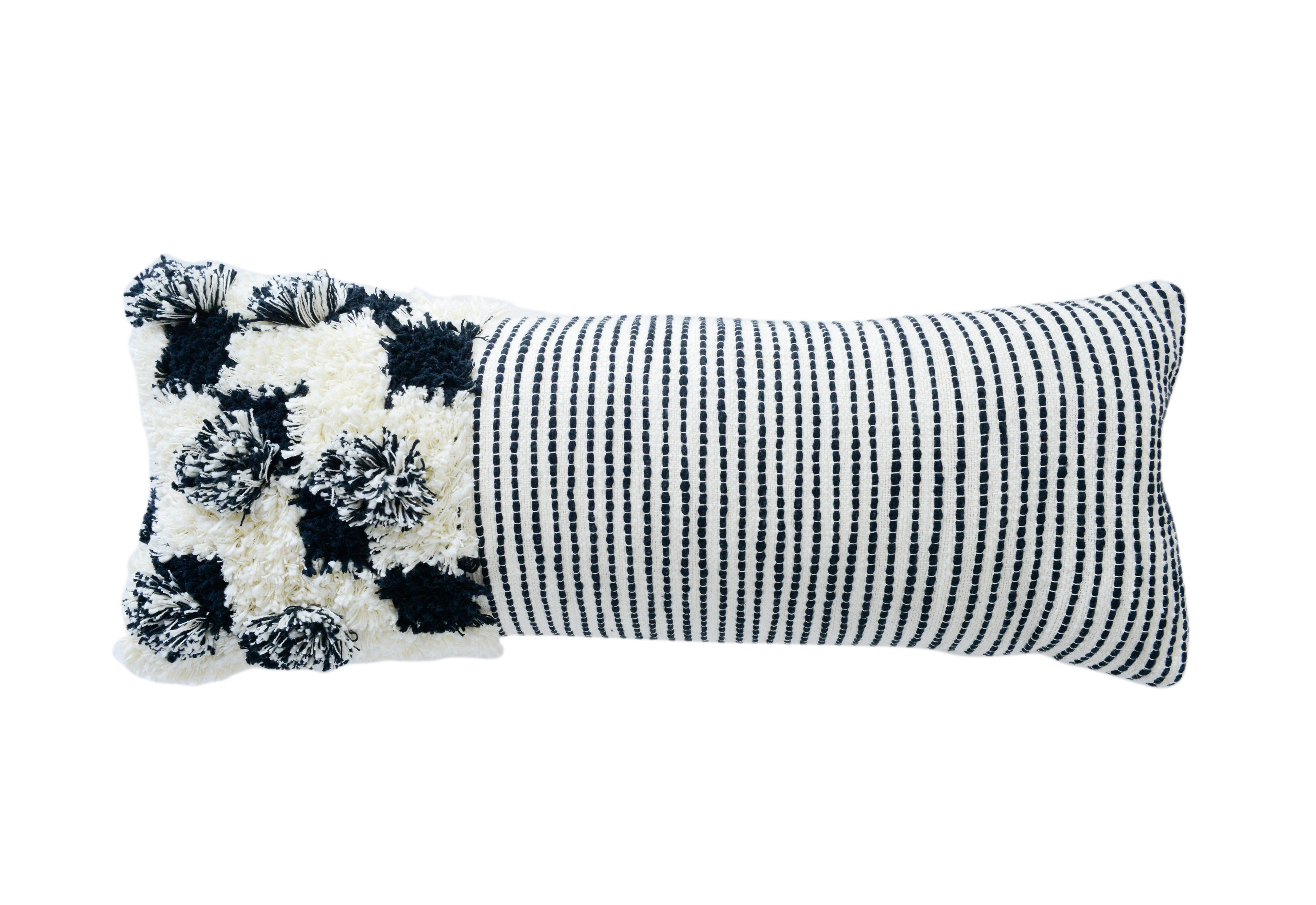 Embroidered & Appliqued Black & White Cotton Lumbar Pillow with Fringe - Moss & Wilder