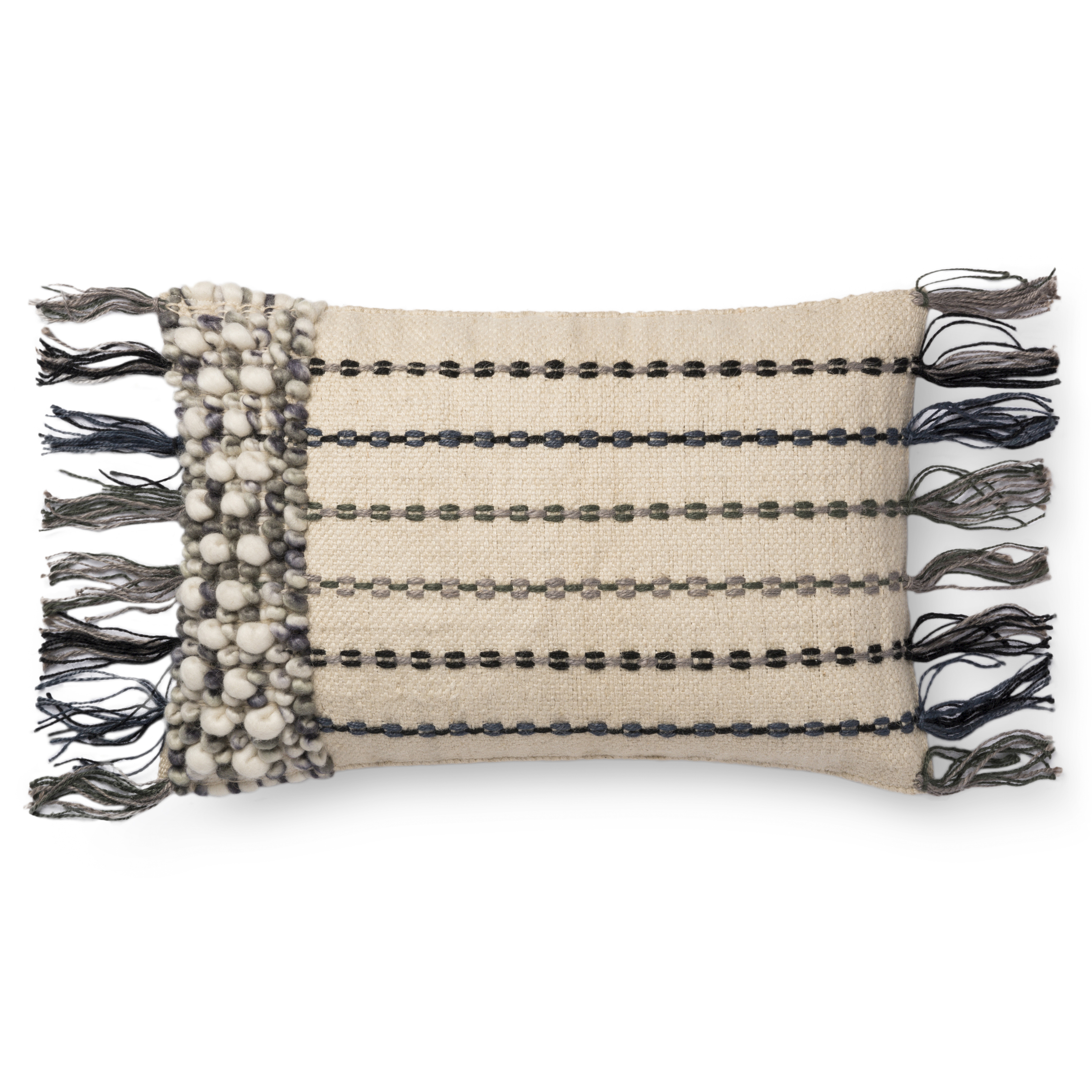 Woven Lumbar Pillow Cover with Tassels, 13" x 21", Natural & Blue - Loloi Rugs