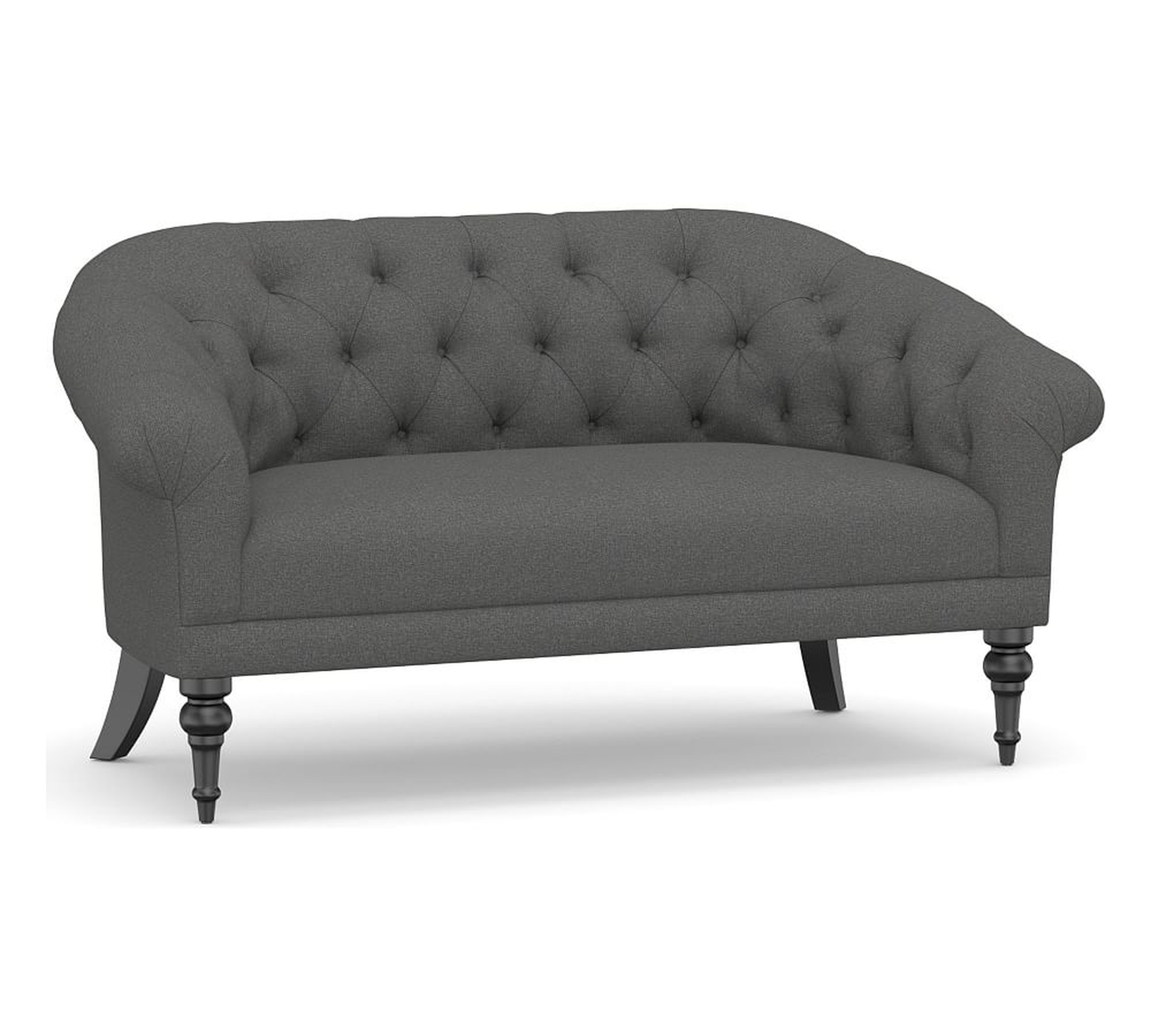 Adeline Upholstered Mini Sofa 59", Polyester Wrapped Cushions, Park Weave Charcoal - Pottery Barn