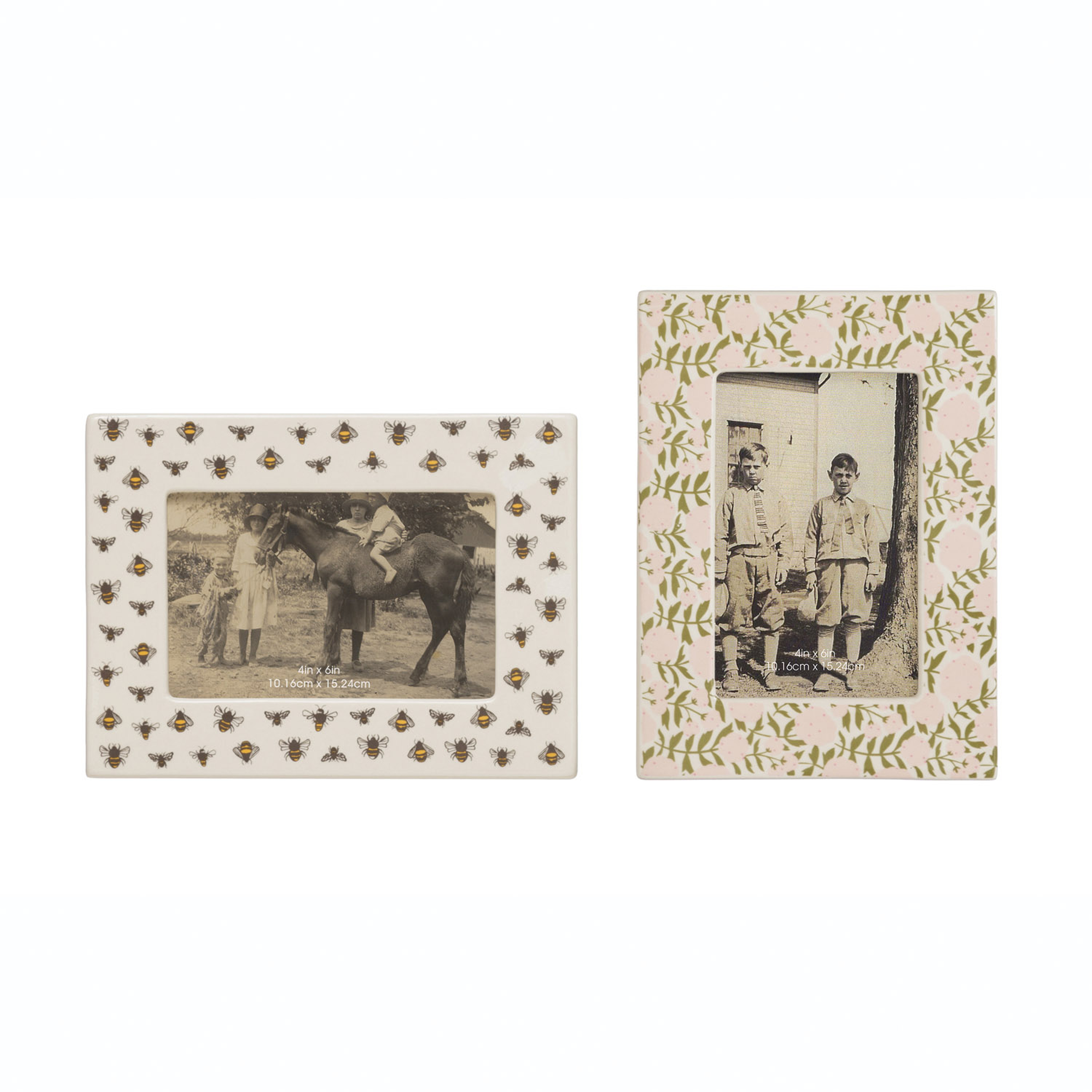 Stoneware Photo Frame with Bee/Floral Pattern, 2 Styles - Creative Co-Op