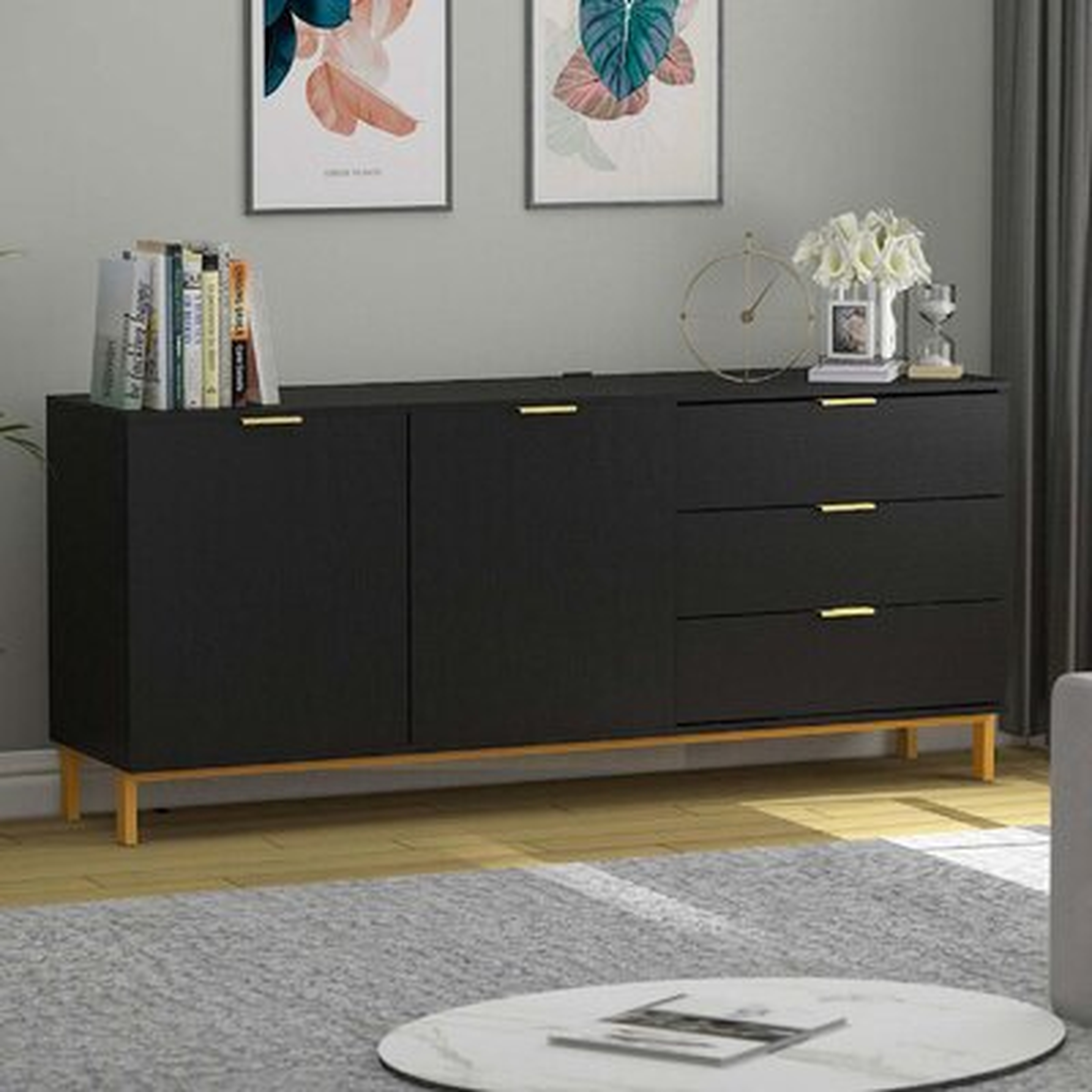 Storage Cabinet With 2 Doors & 3 Drawers, TV Stand TV Cabinet Wood Sideboard With Metal Legs For Living Room Bedroom Hallway Black - Wayfair
