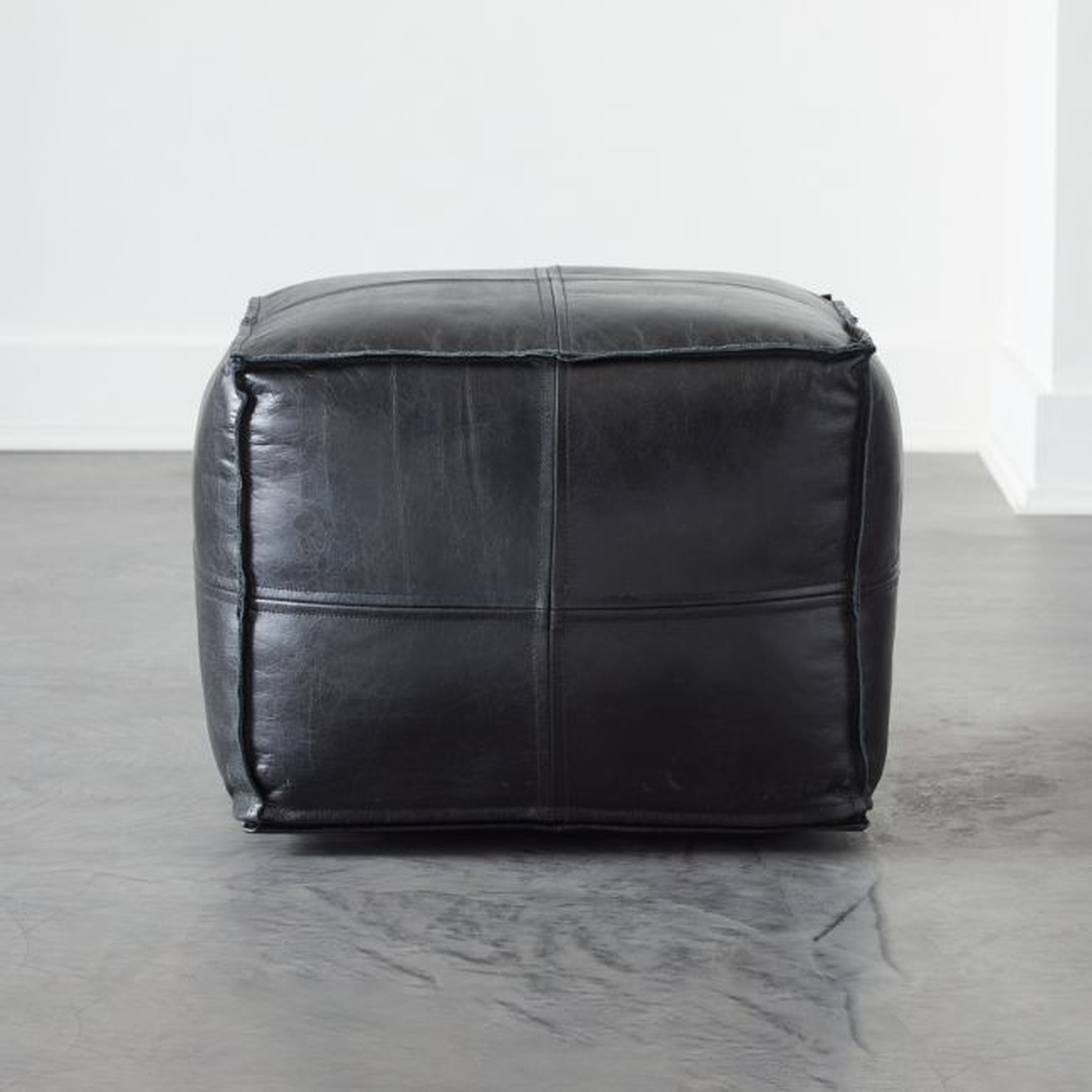 Leather Square Black Pouf - CB2