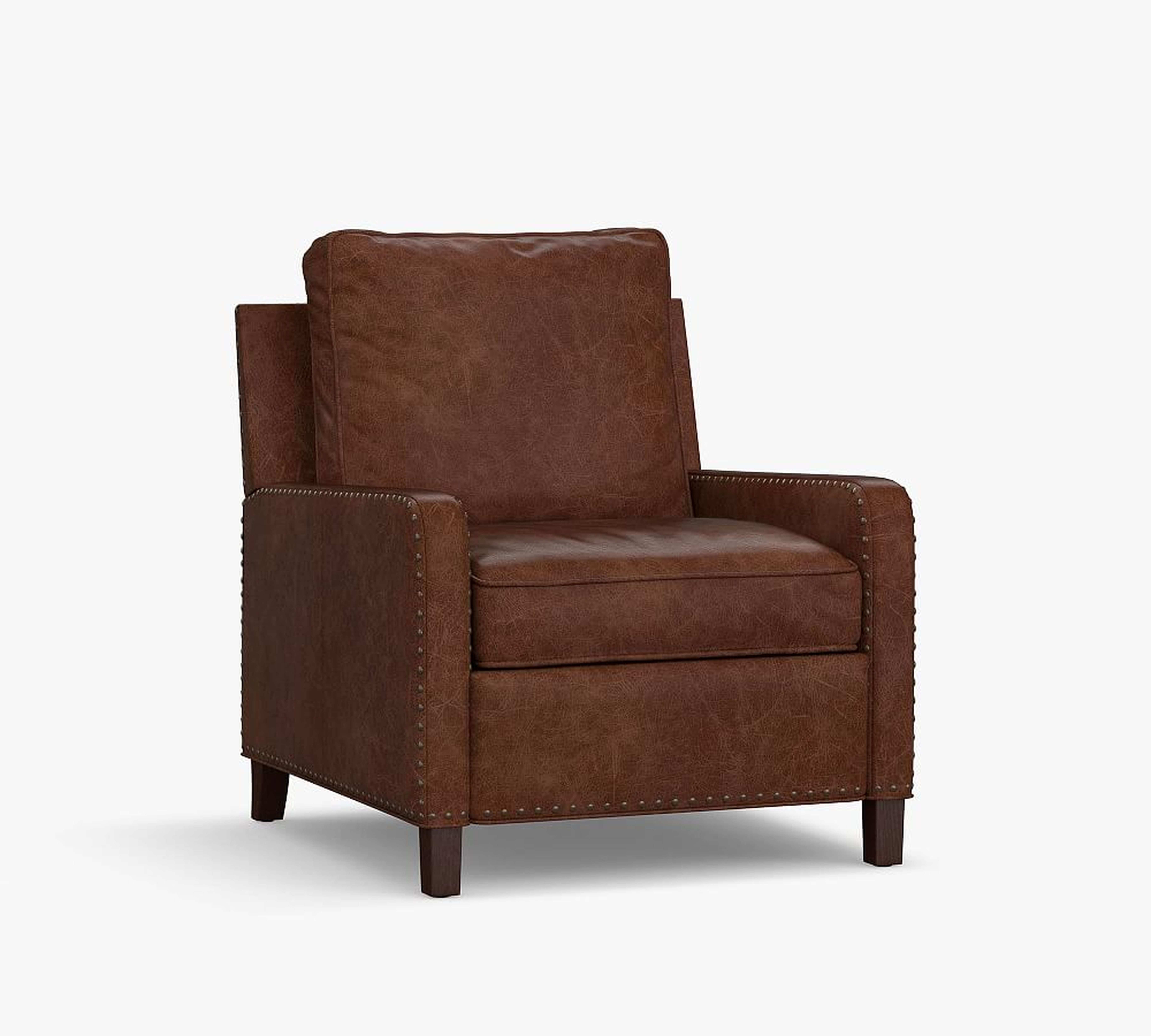Tyler Curved Leather Recliner with Bronze Nailheads, Down Blend Wrapped Cushions, Burnished Bourbon - Pottery Barn