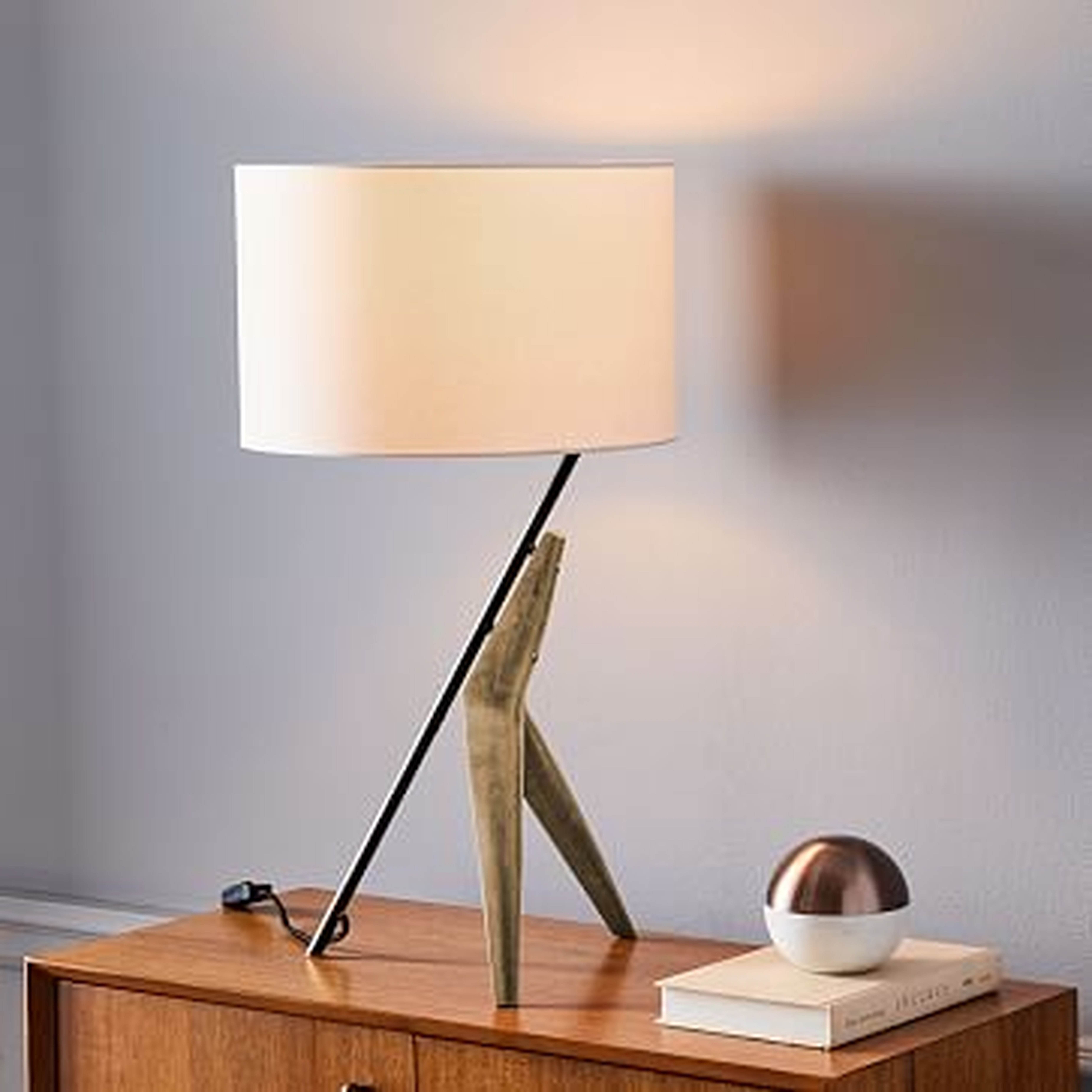 Caldas Table Lamp, White Linen, Natural Ash/Dark Bronze - West Elm