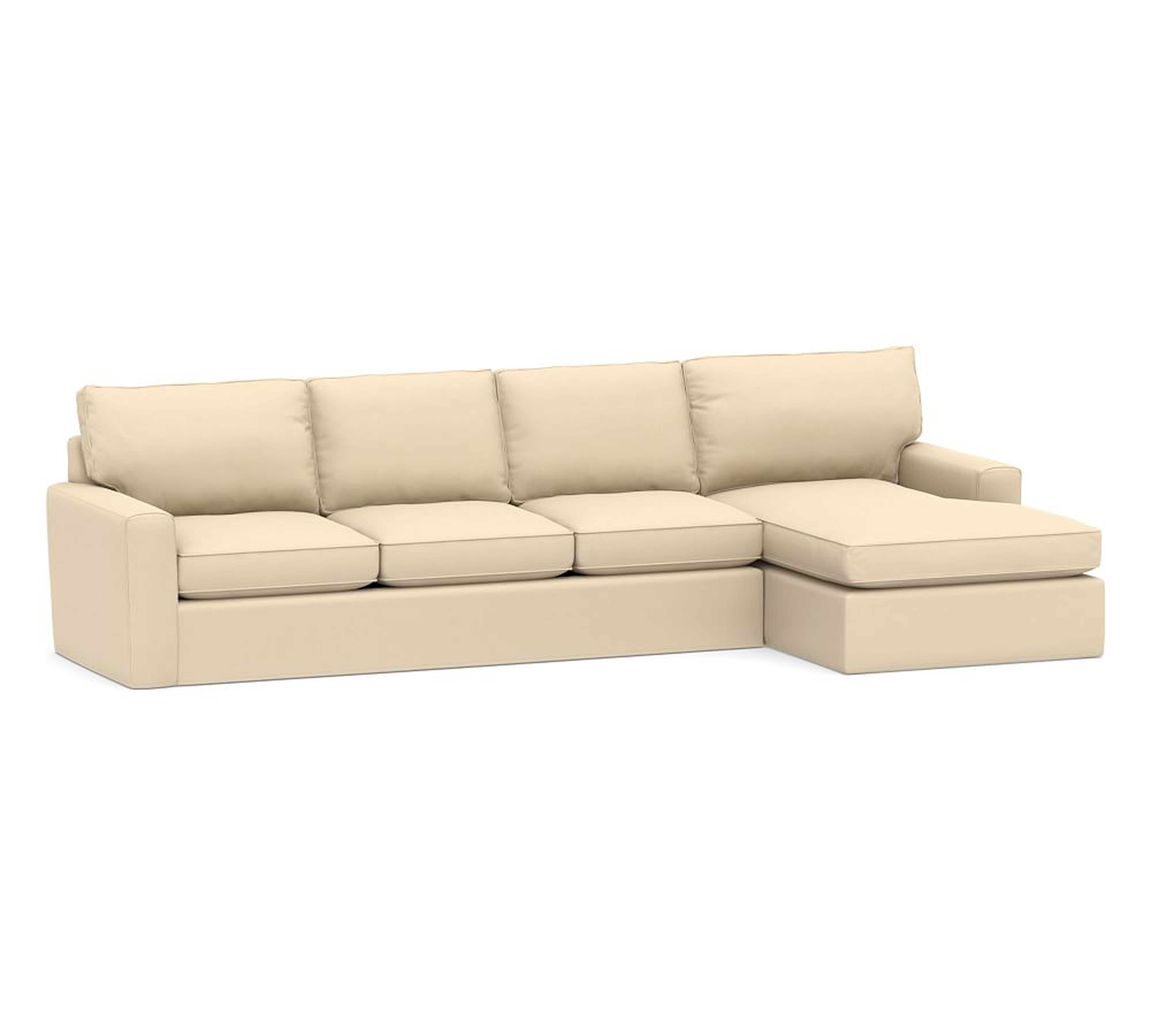 Pearce Square Arm Slipcovered Left Arm Sofa With Double Wide Chaise Sectional, Down Blend Wrapped Cushions, Performance Everydayvelvet™ Buckwheat - Pottery Barn