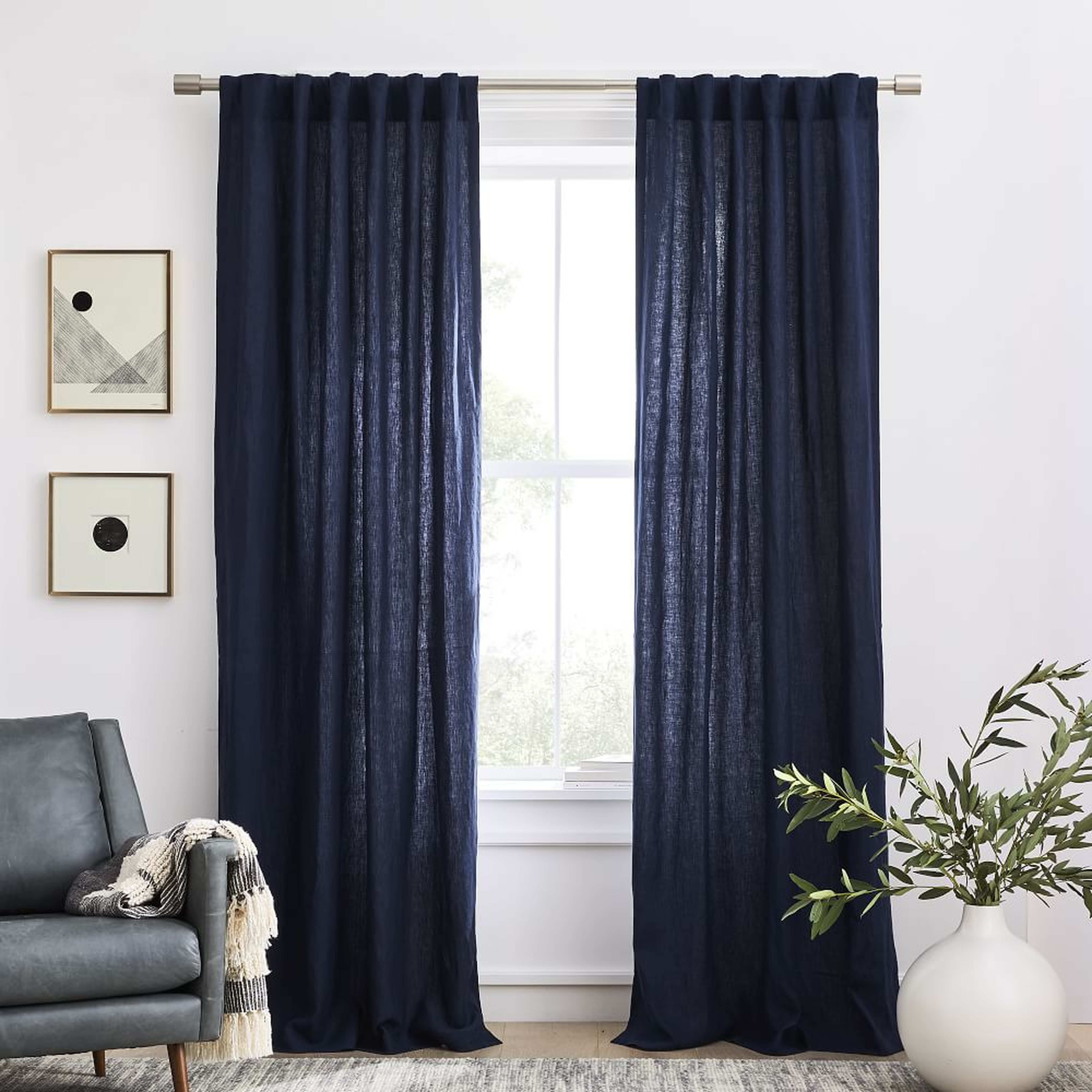 Solid European Flax Linen Curtain, Midnight , 48"x108", Set of 2 - West Elm