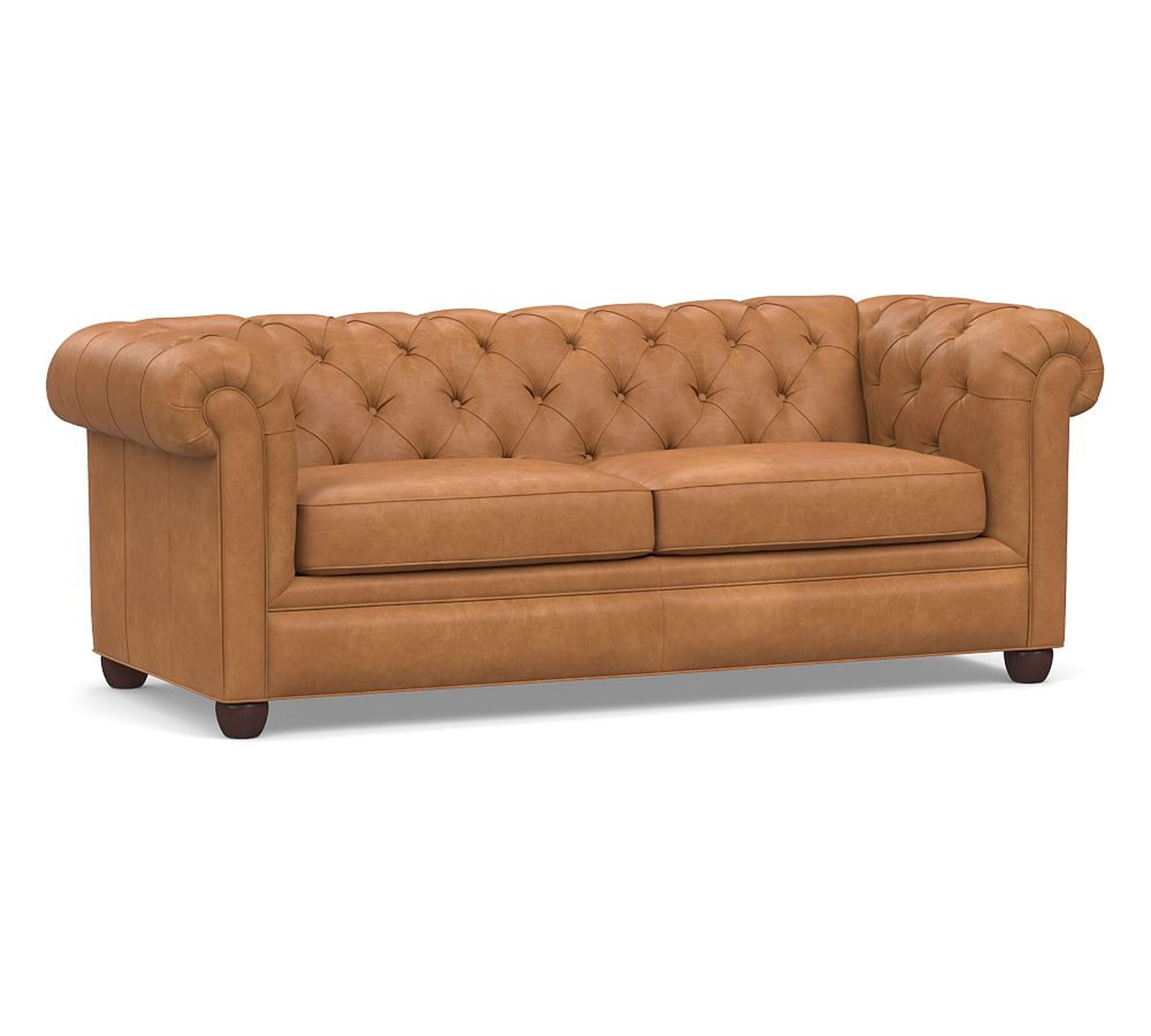 Chesterfield Roll Arm Leather Sofa 86", Polyester Wrapped Cushions, Churchfield Camel - Pottery Barn
