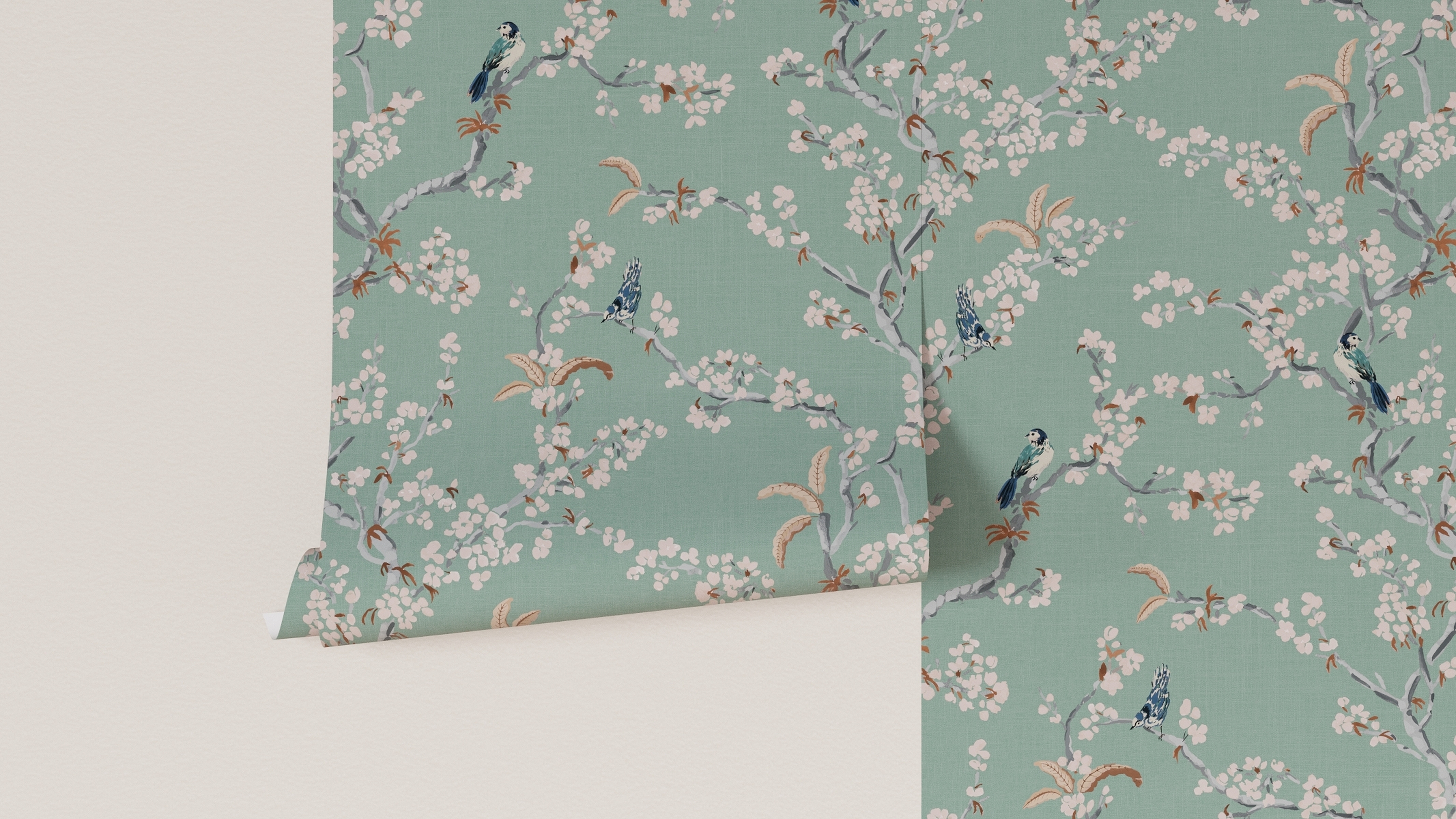 Peel and Stick Wallpaper Roll, Mint Cherry Blossom - The Inside