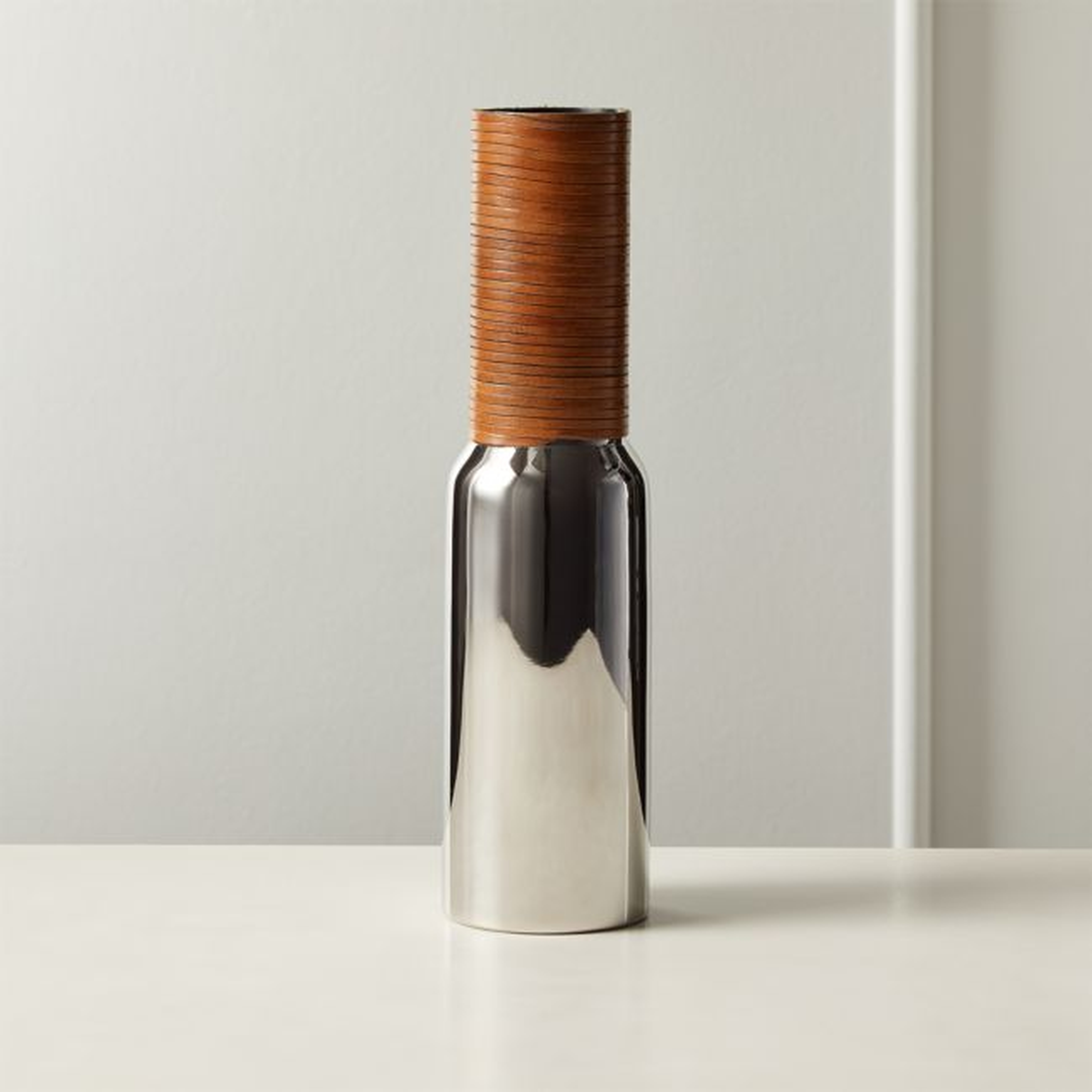 Quinn Stainless Steel and Leather Vase - CB2