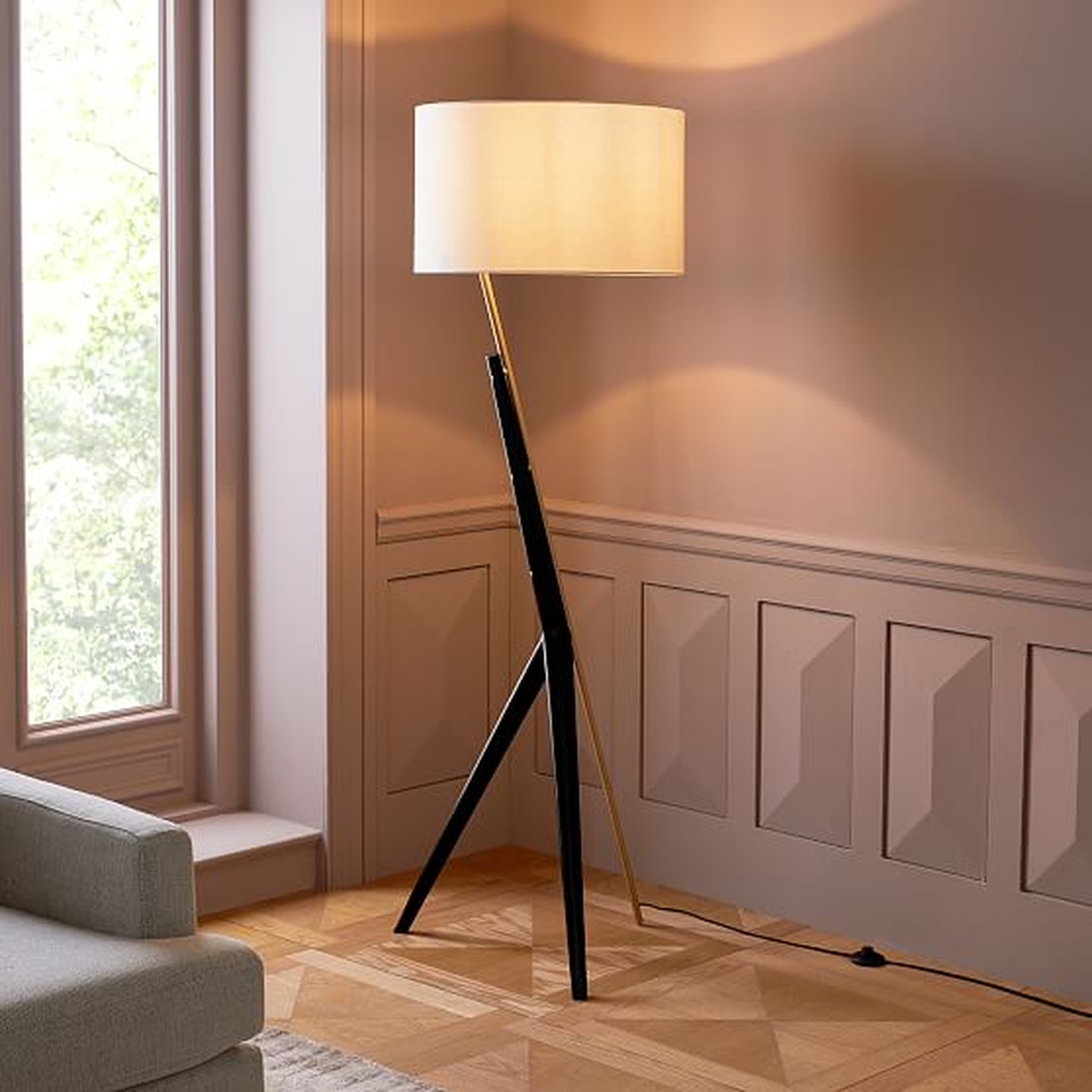 Caldas Floor Lamp, Natural Linen, Black/Antique Brass - West Elm