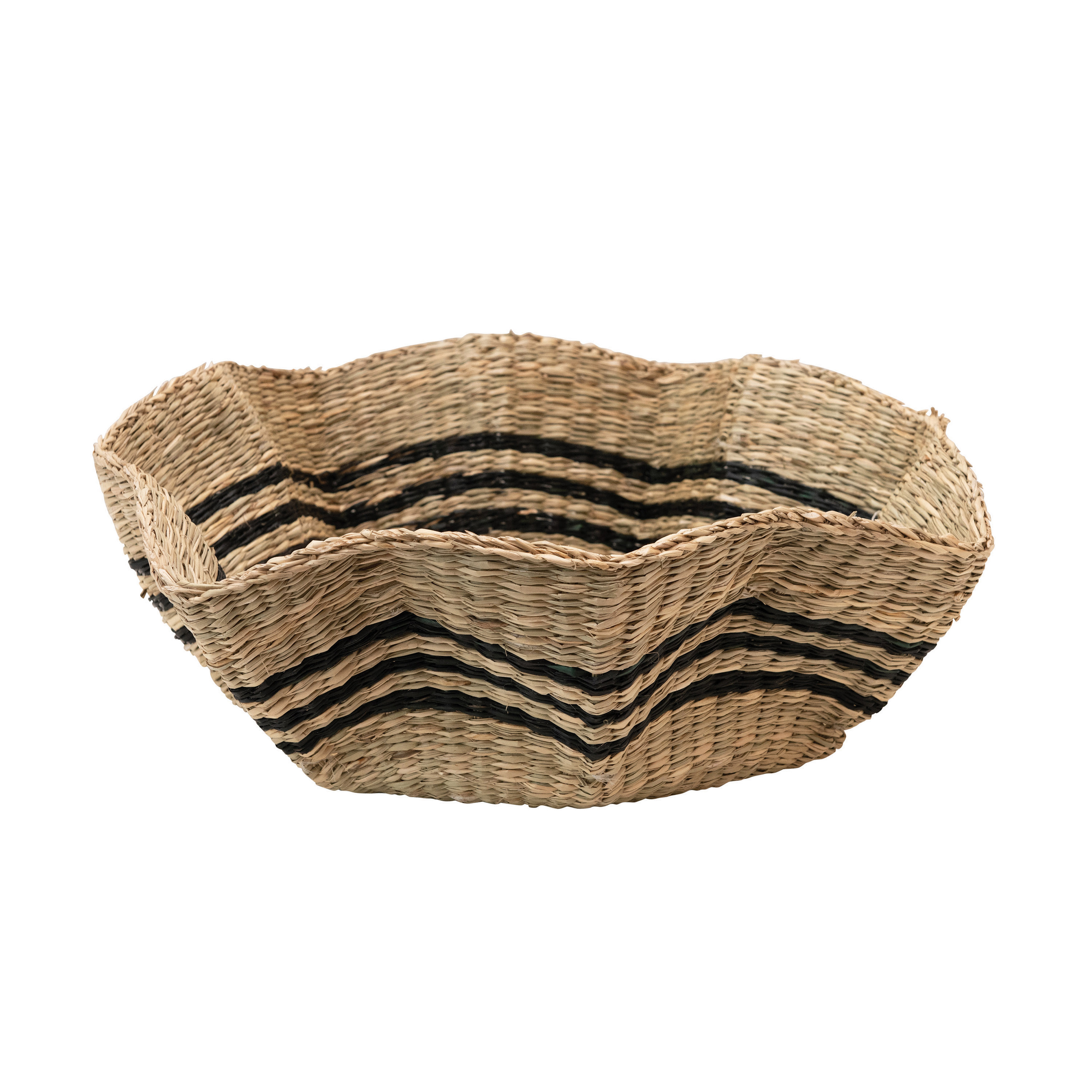 Hand-Woven Scalloped Seagrass Basket with Black Stripes - Nomad Home